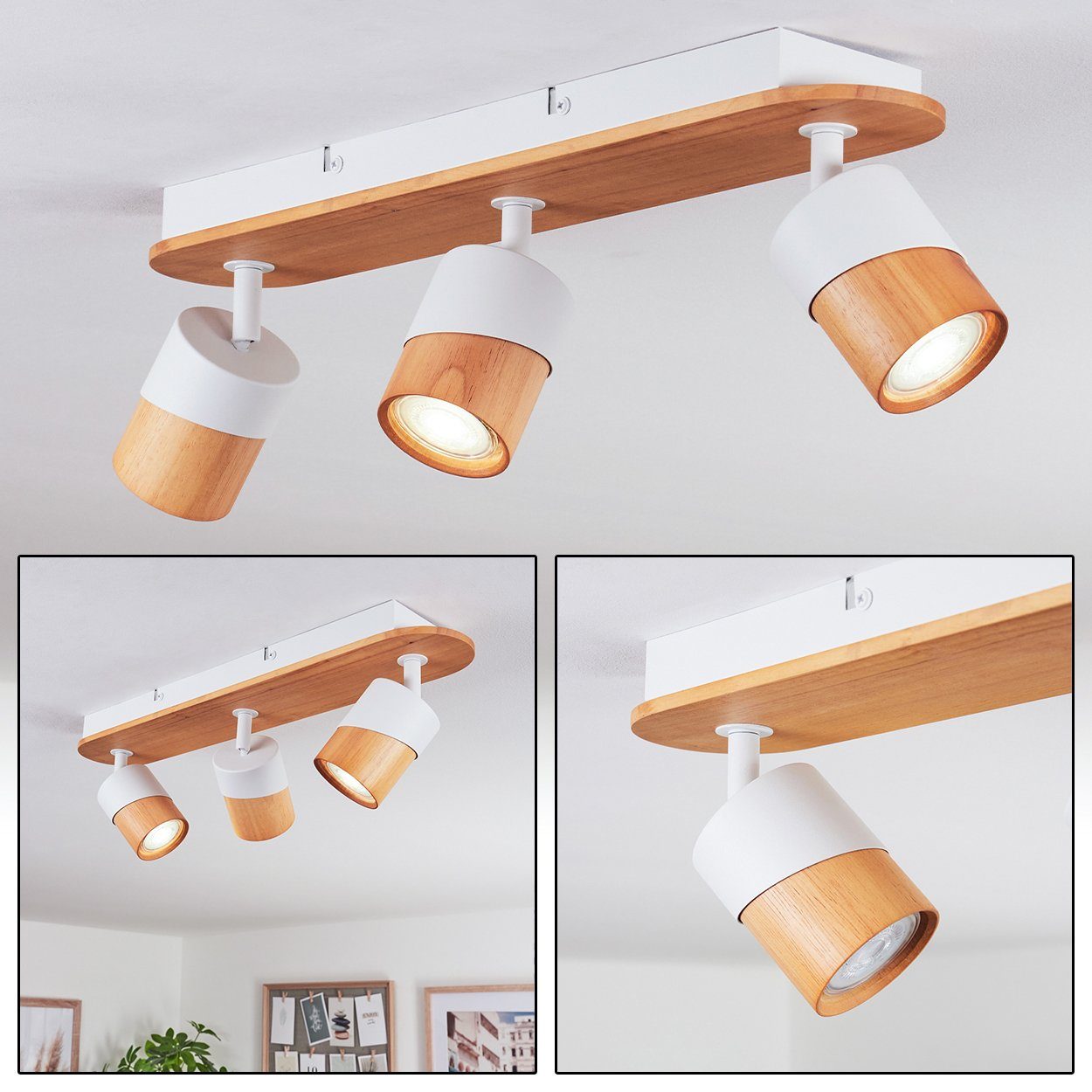 hofstein Deckenleuchte moderne Deckenlampe Weiß/Natur, Leuchtmittel, 3x verstellbaren ohne Leuchtmittel Deckenleuchte mit GU10, Strahlern, aus Metall/Holz in ohne