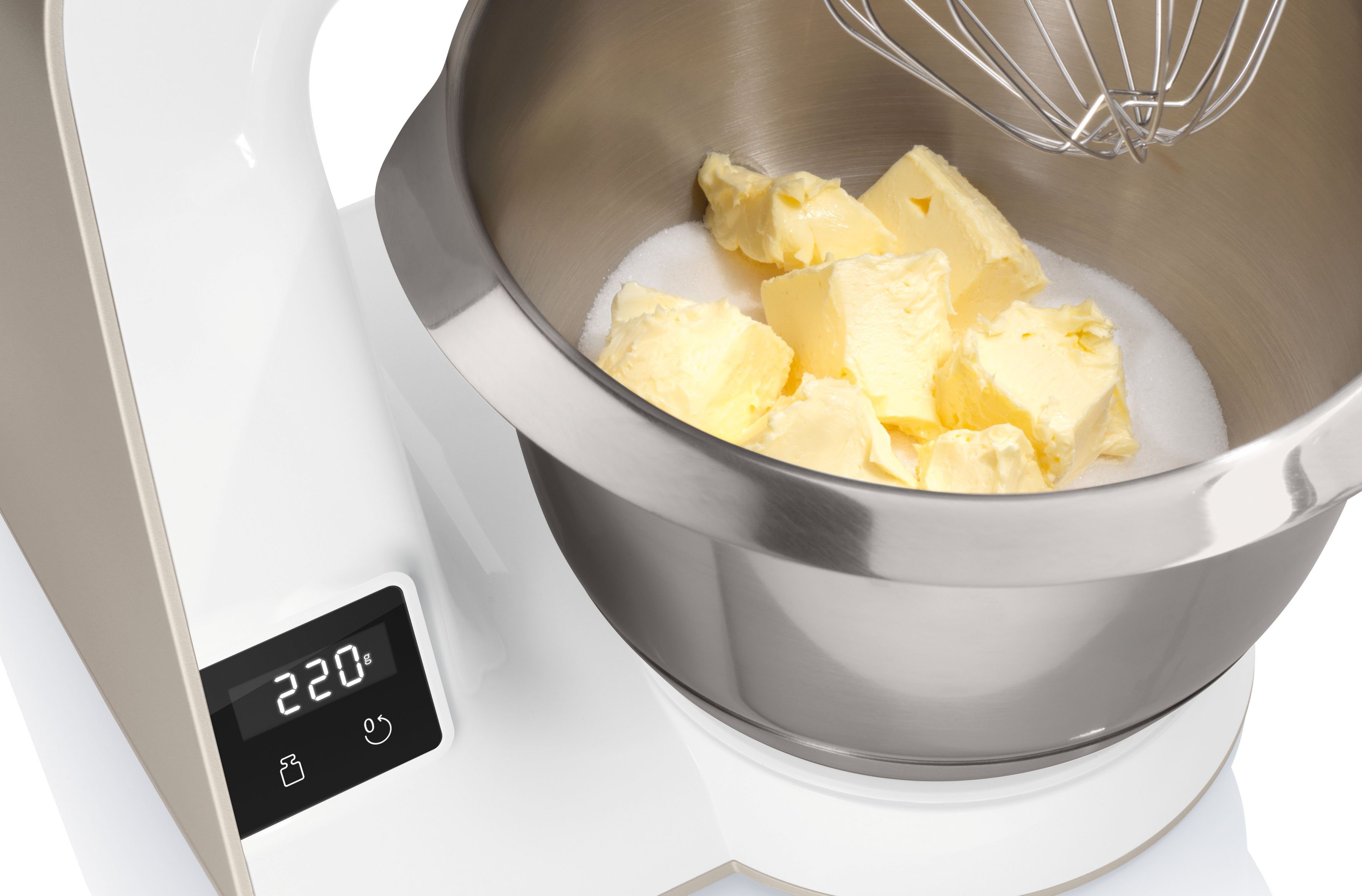 BOSCH Küchenmaschine Serie 4 MUM5XW20, integr. Waage, Durchlaufschnitzler, weiß/champagner, 1000 W, 3,9 l Schüssel, 4 Scheiben, Mixer, Edelstahlschüssel, Knetha – Bild 4 von 5