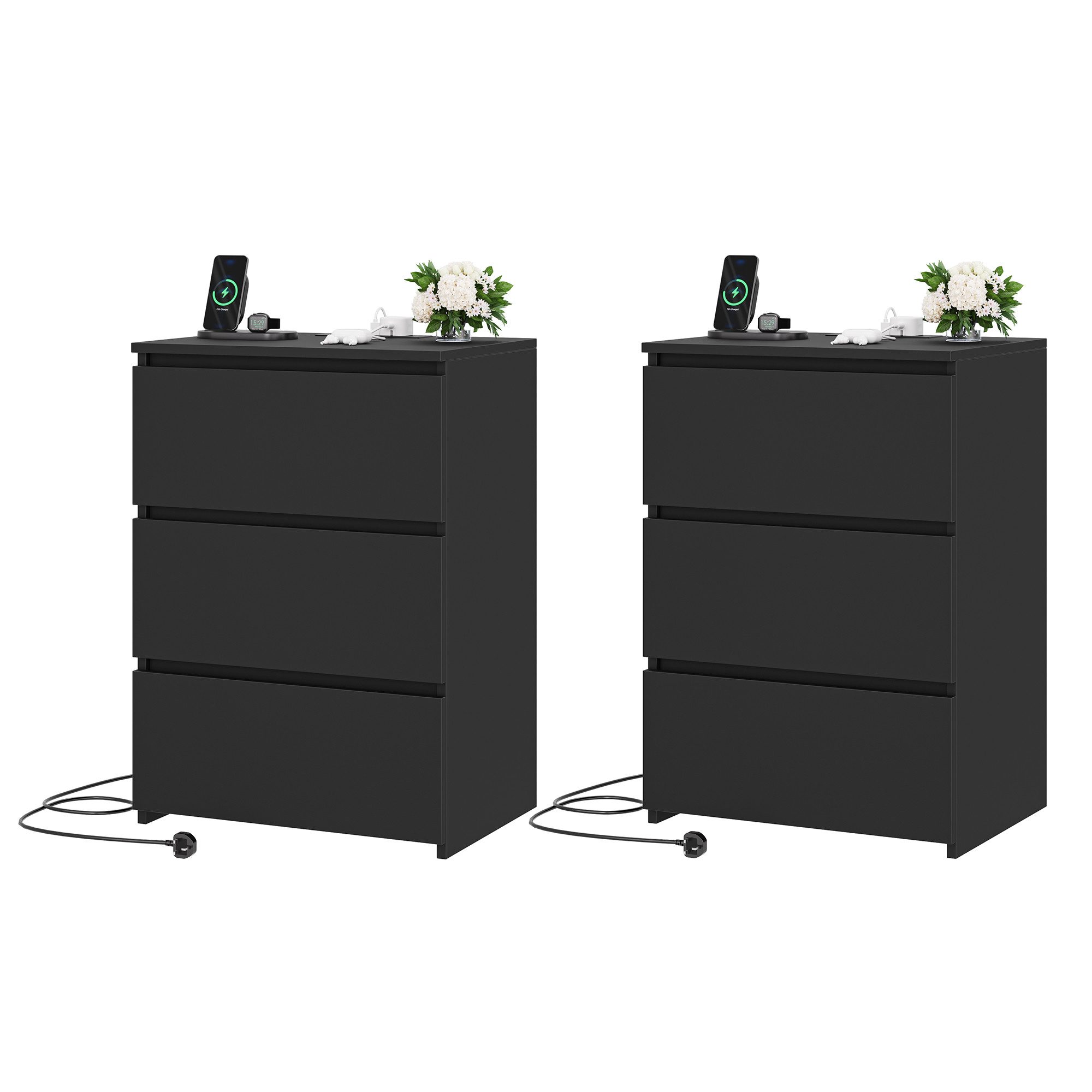 Homfa Nachttisch Nachtschrank Nachtkommode Nachtkonsole (2-St), 3 Schubladen, 45x38x66 cm, Schwarz