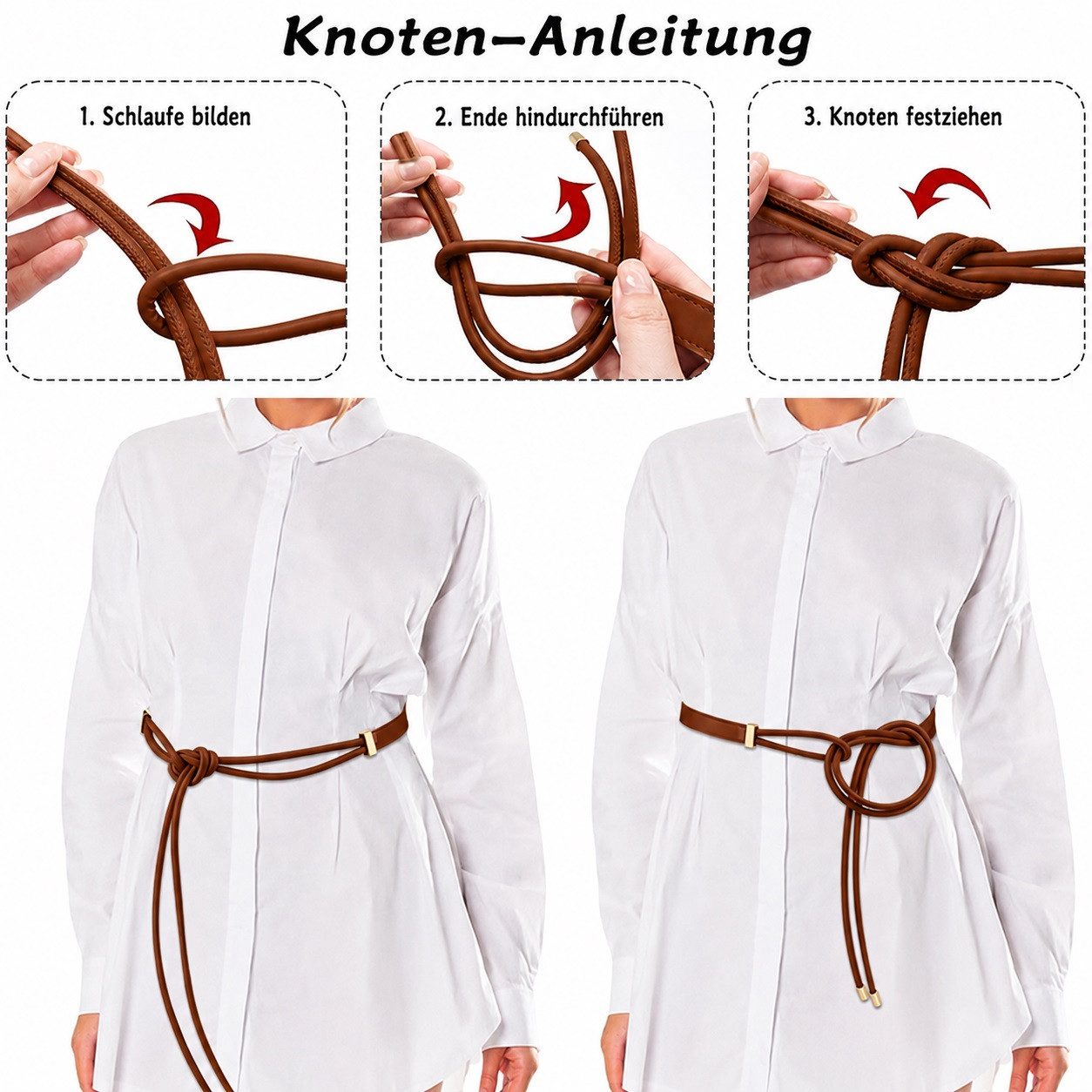 MOPUEA Taillengürtel Gürtelriemen Knotengürtel Dünner Taillengürtel aus PU-Leder für Damen (Mit Enden Aus Goldlegierung Für Damenkleider, 1-St., Verstellbar Sch – Bild 2 von 5