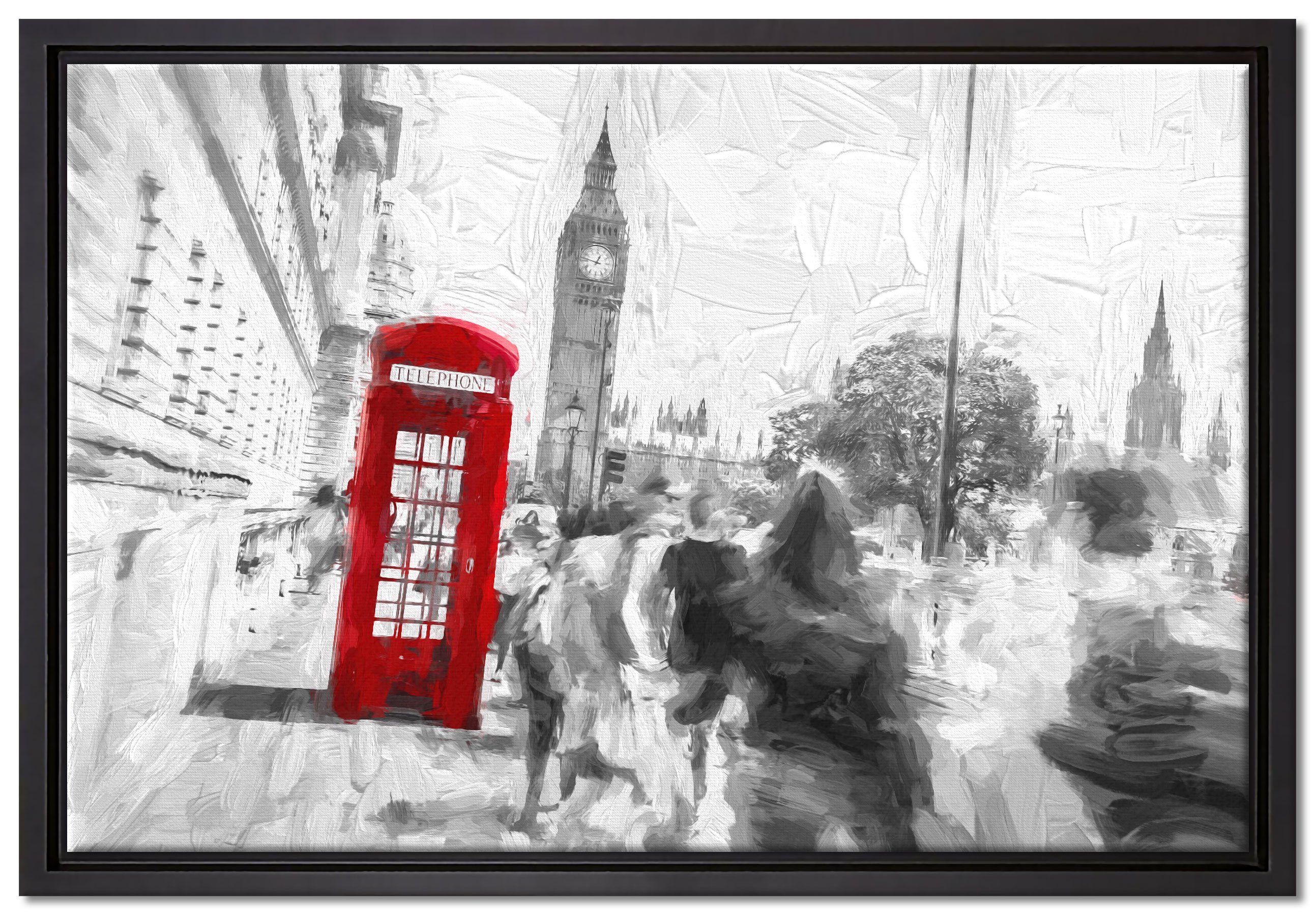 Pixxprint Leinwandbild Telefonzelle in London, Wanddekoration (1 St), Leinwandbild fertig bespannt, in einem Schattenfugen-Bilderrahmen gefasst, inkl. Zackenaufhänger