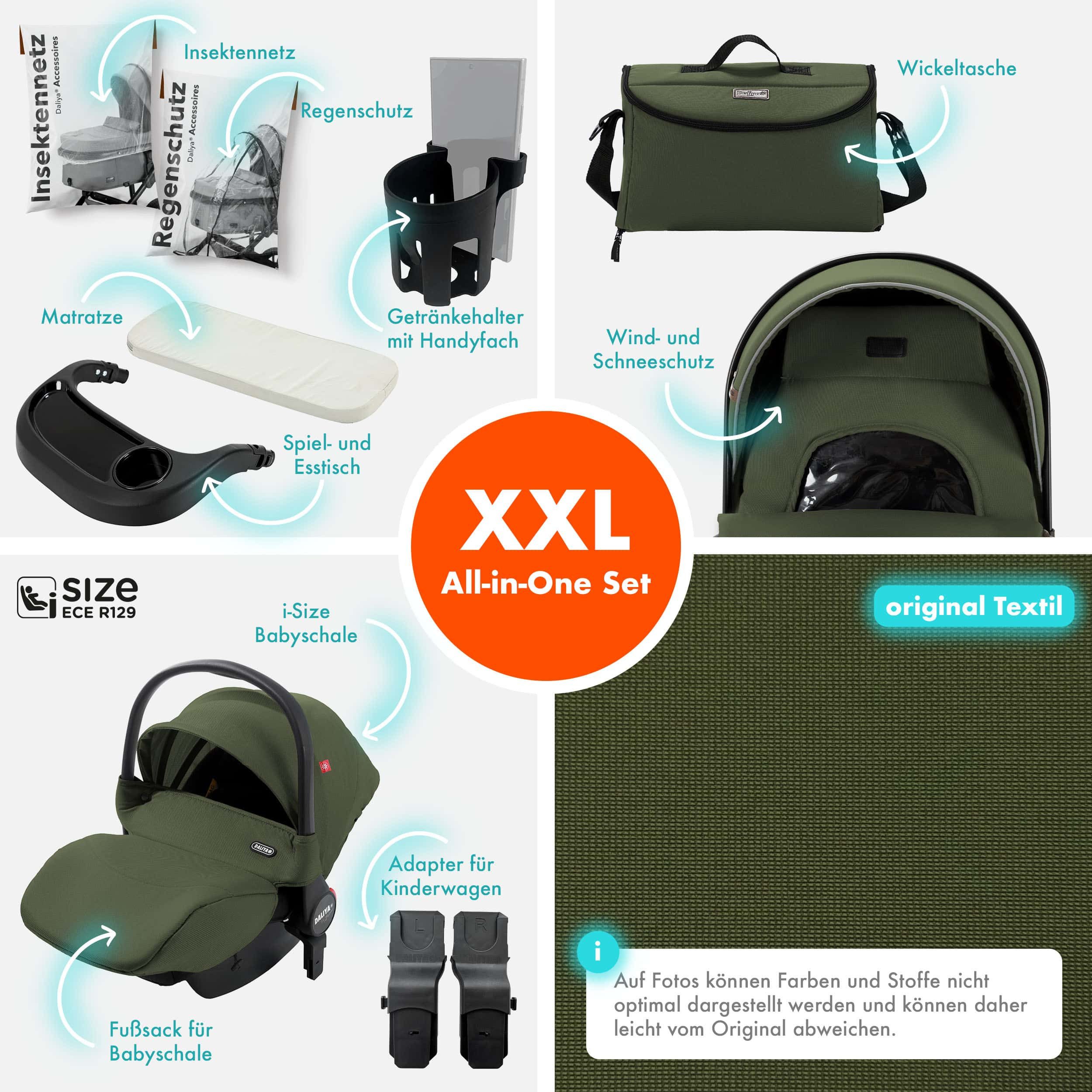 Daliya® Kombi-Kinderwagen FLEXI-PRO M 3in1 Kinderwagen & Buggy, Reisekinderwagen, XXL Set, (XXL-Set mit i-Size Babyschale, 13-tlg), Einhändig abnehmbare Wanne, i-Size Babyschale, Alu-Rahmen, Gummireifen