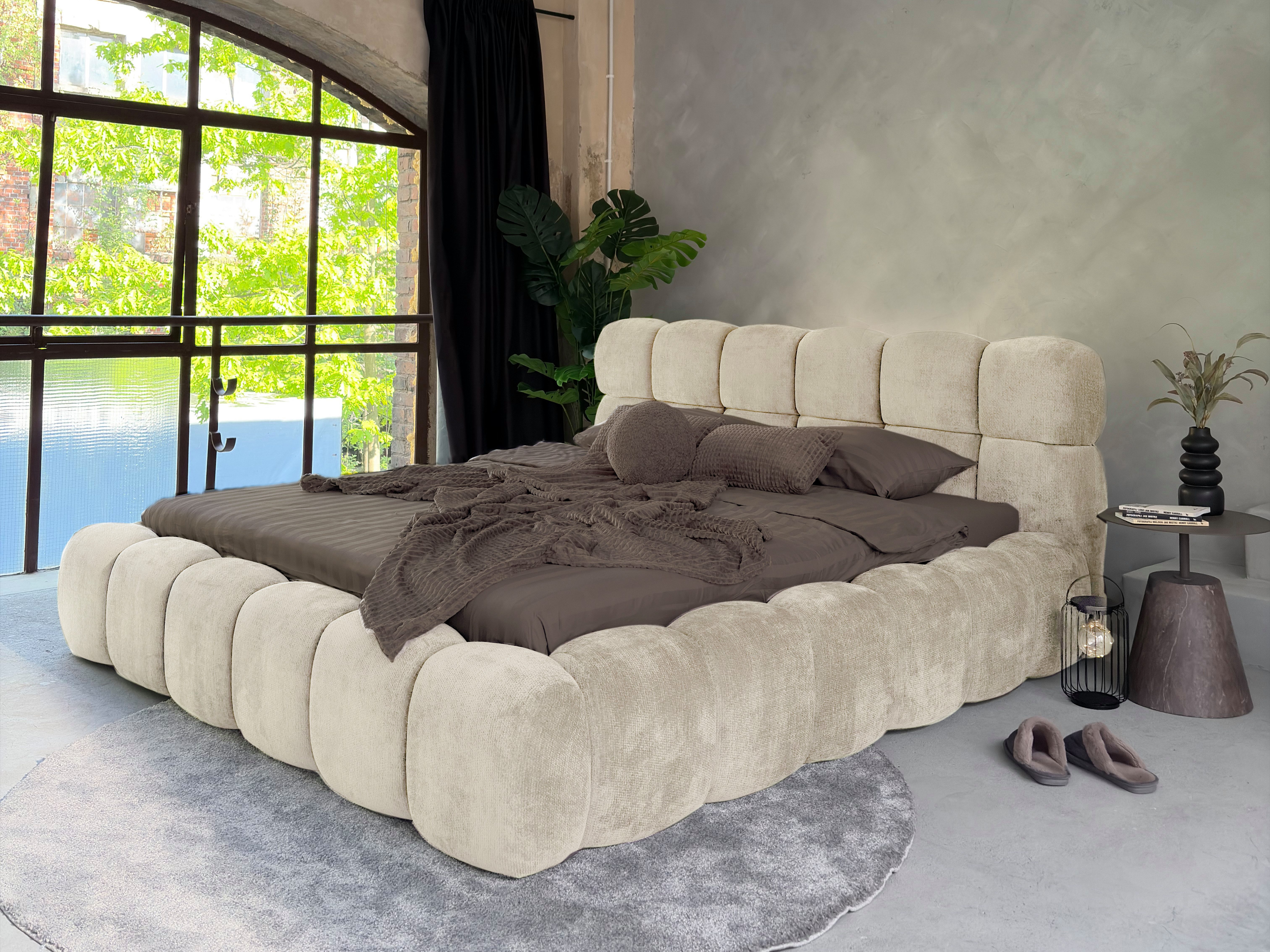 Compleo Polsterbett Cloud Bett, Bett mit gepolstertem Kopfteil ELVA (Chenille-Stoff), Schlafzimmer Bett modern, Doppelbett gepolstert, Wolkenbett