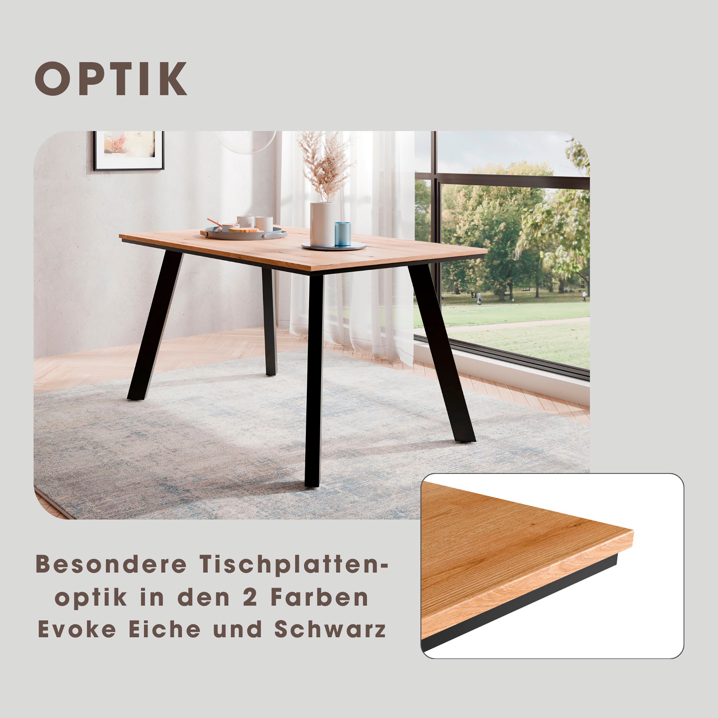 OTTO home Essgruppe Genf Tischgruppe, Esstisch plus 4 Stühle, (Set, 5-tlg., Otto's DAUERTIEFPREIS), Esstisch 138 cm, 4 Esszimmerstühle, moderne Tischplatte in Evoke eiche