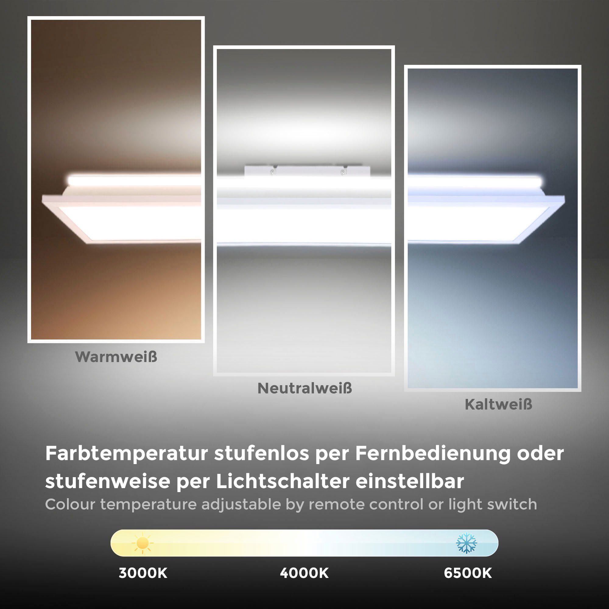 B.K.Licht LED Deckenleuchte BK_PL1495 2.500Lm Farbtemperatursteuerung, Fernbedienung, - kaltweiß, cm, 6.500K, über Indirektes mit fest - CCT Dimmbar, 24W, LED warmweiß - 100x25x6,5 Fernbedienung, Licht, LED 3.000K Deckenlampe integriert