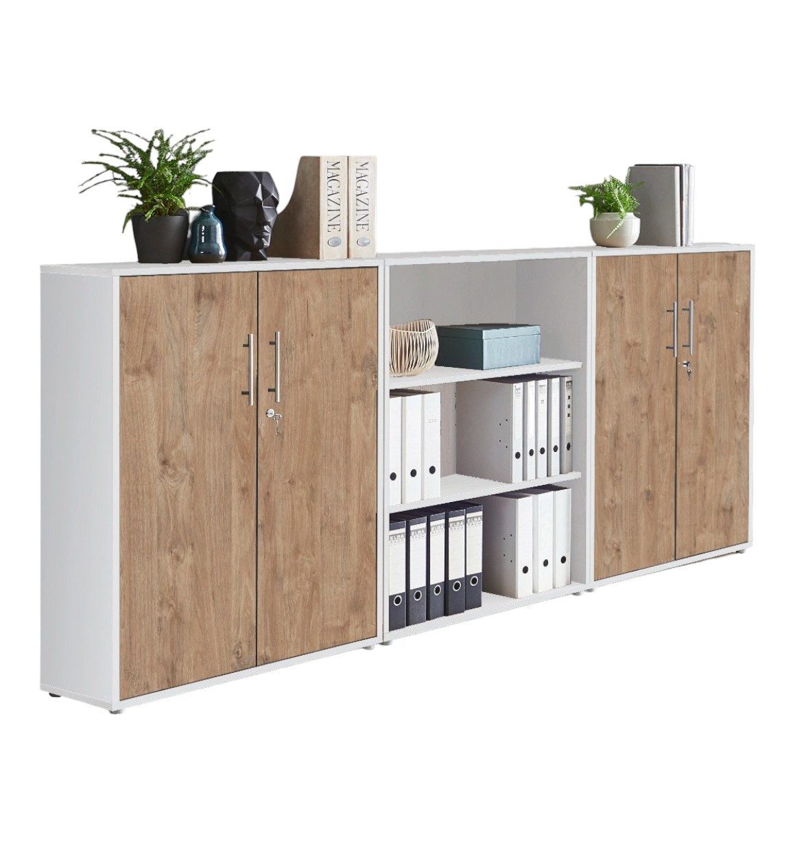 BMG Möbel Aktenschrank Office Edtion (Set 9 Weiß/ Gold Harbor Oak, Büroschrank abschließbar mit Metallgriffen) Made in Germany