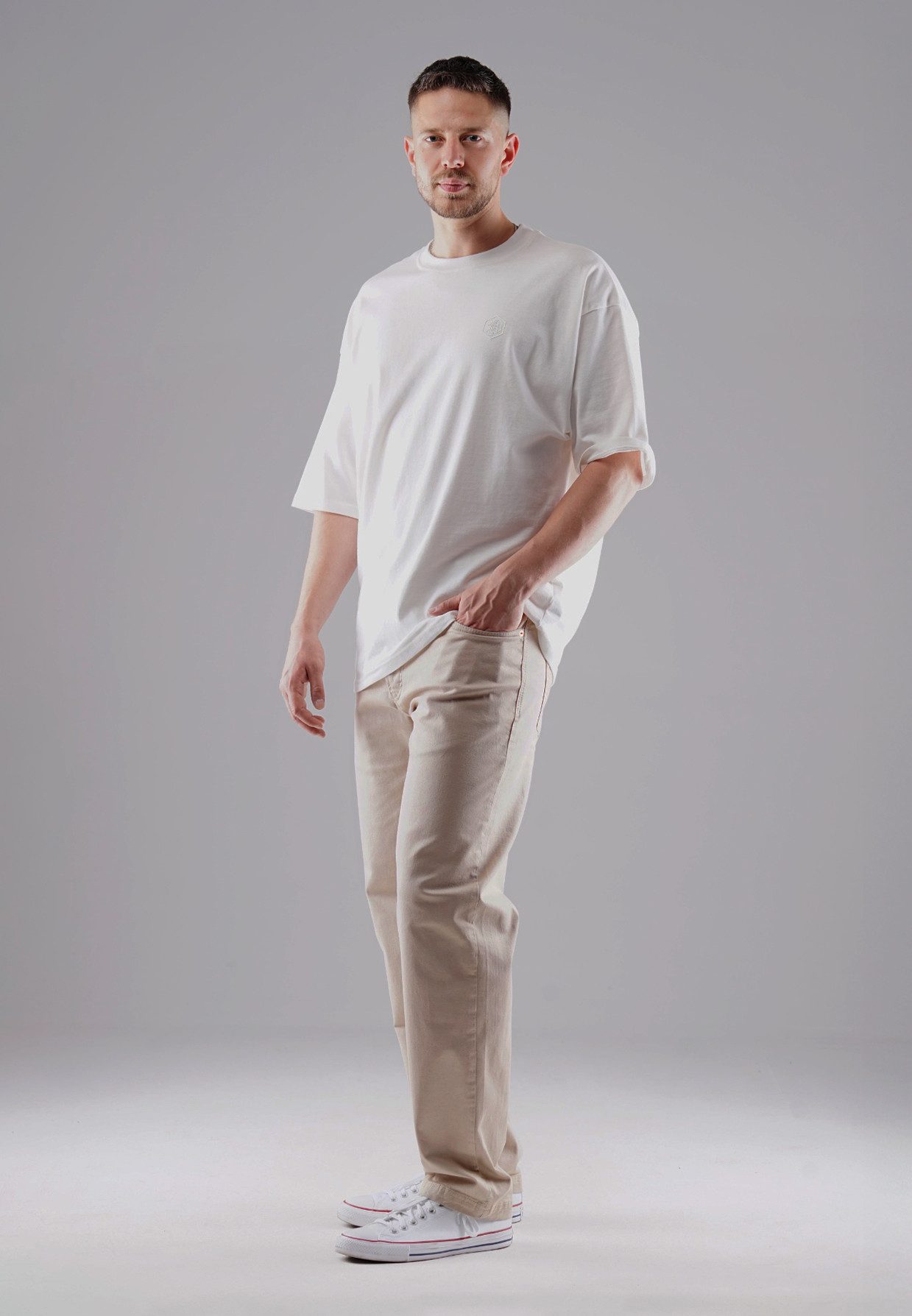 PICALDI Jeans 5-Pocket-Hose Stoffhose Zicco 472 Gabardine Glow Carrot Fit Beige Ecru (1-tlg) Sommerlicher Gabardine-Stoff