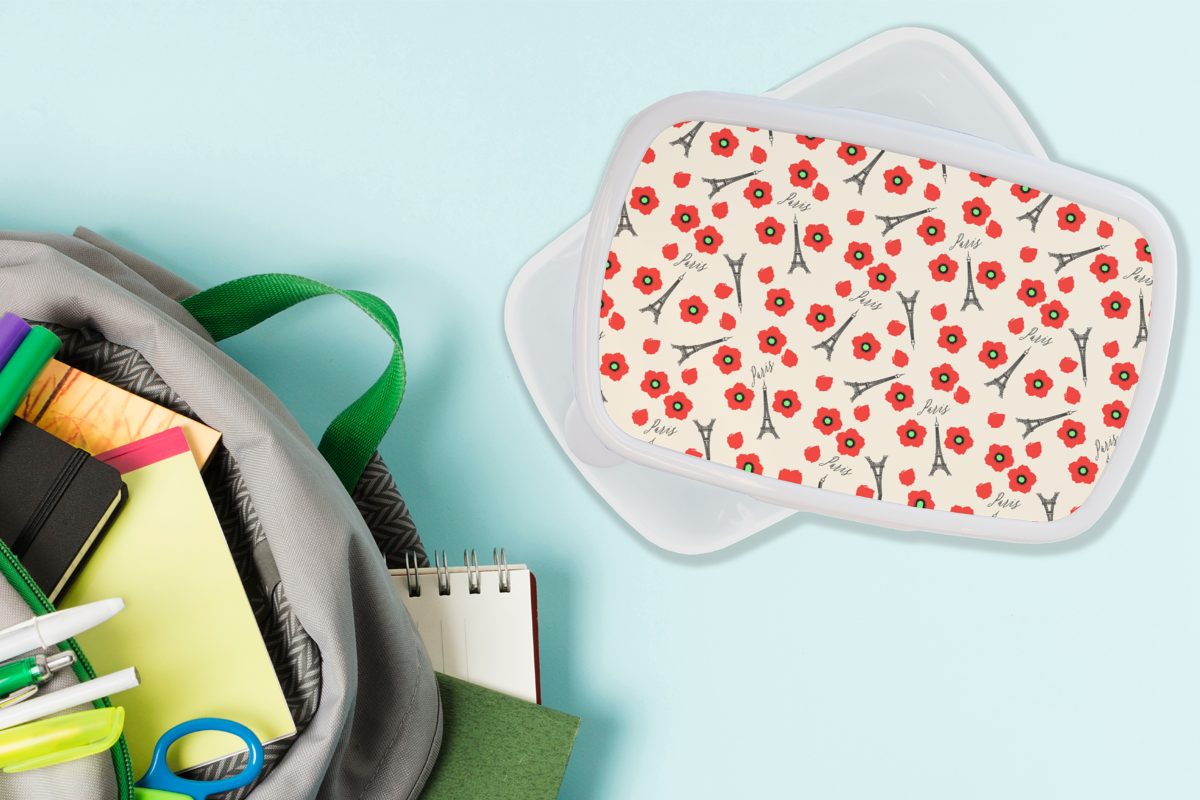 MuchoWow Lunchbox Muster - und - Kunststoff, für Eiffelturm Mädchen für - und Brotdose, Blumen, (2-tlg), weiß Kinder Paris Jungs Brotbox Erwachsene