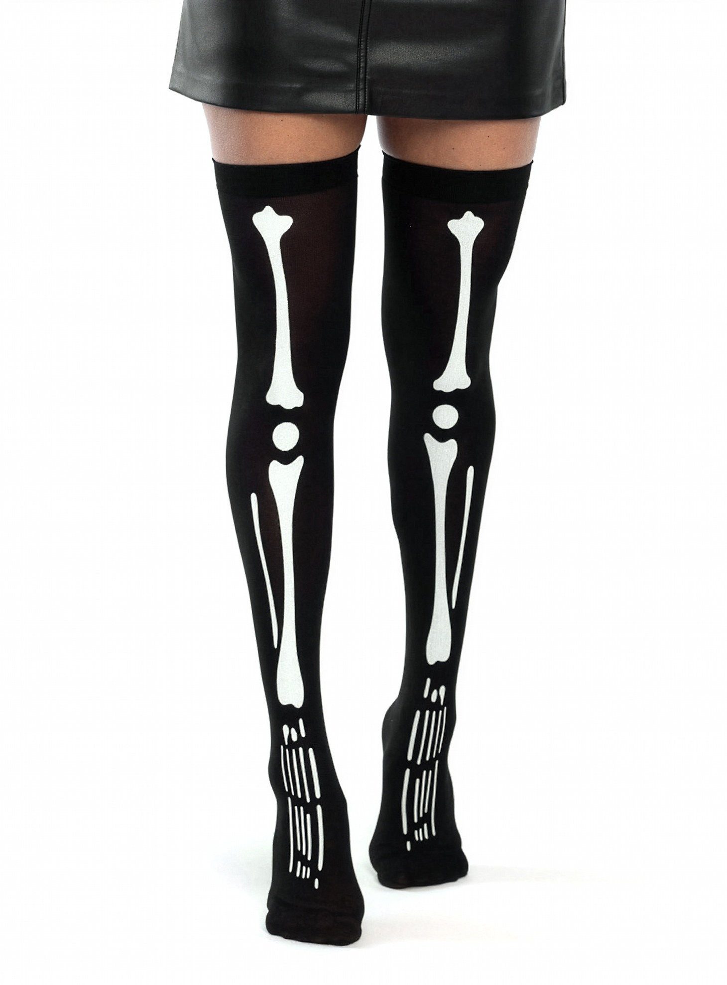 Smiffys Socken Knochen Design Overknees - Halloween Kostüm Damen Schwarze Strümpfe mit weißem Skelettaufdruck