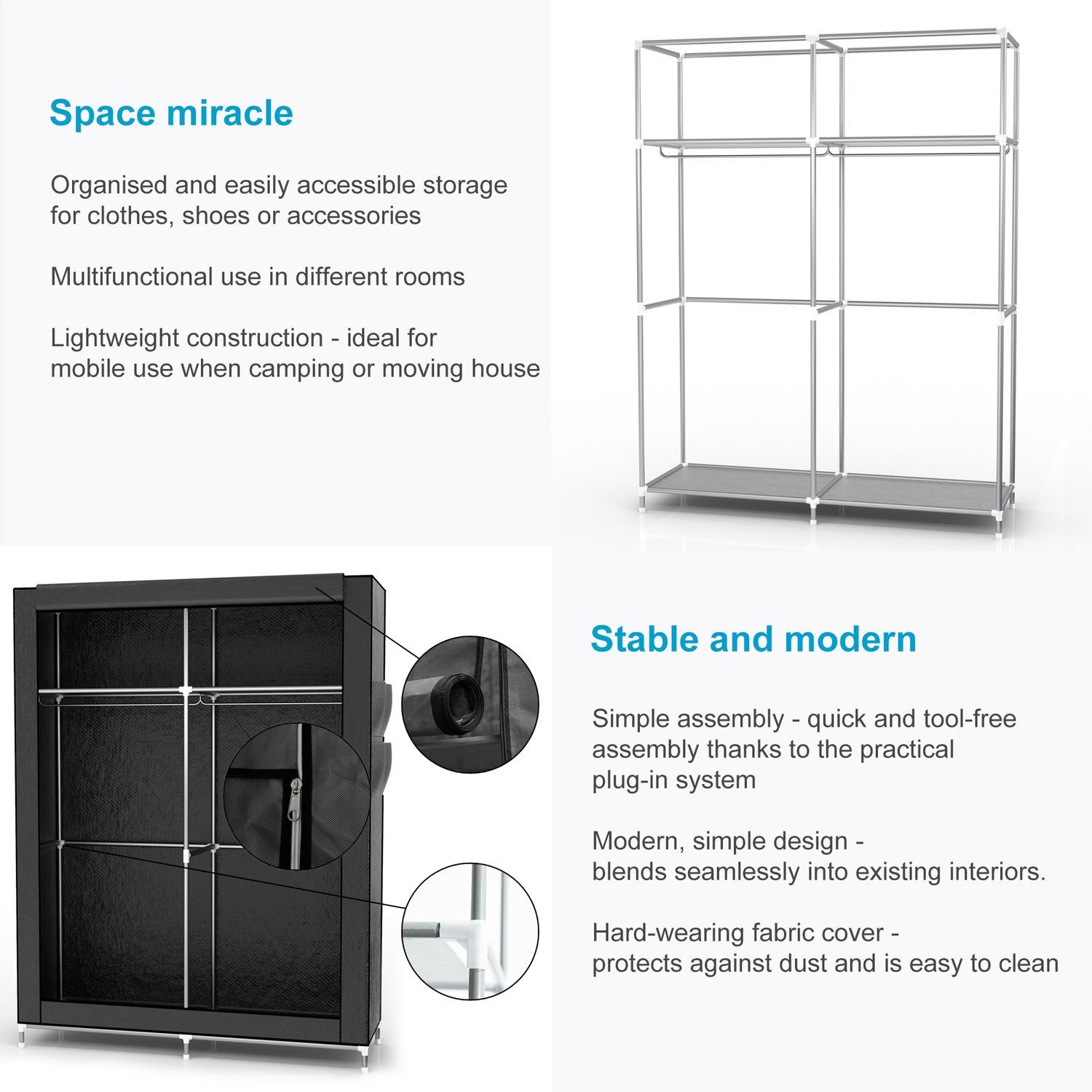 Intirilife Kleiderschrank (Faltschrank 108x170x45 cm in RABEN SCHWARZ, 1-St) Stoffschrank mit Reißverschluss, Kleiderschrank mit Stange und Fächer