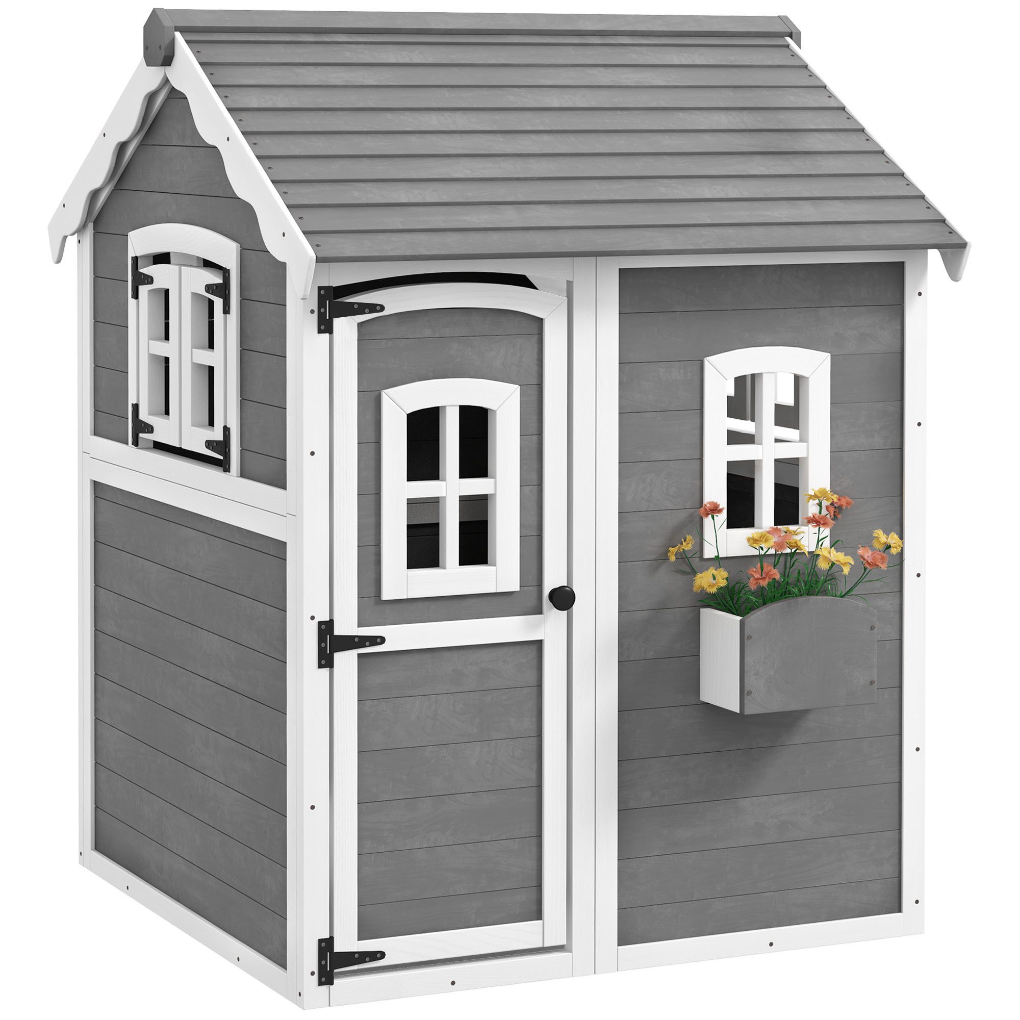 Outsunny Spielhaus Kinderspielhaus aus Holz Outdoor mit Tür, Fenster und Pflanzkasten, Kinderhaus für Kinder 3-8 Jahre