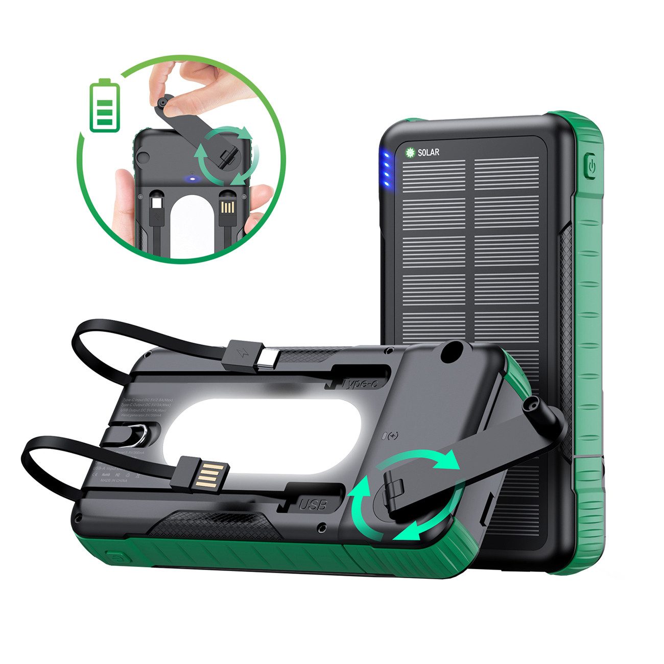 fontastic Solar Powerbank 10000mAh Handkurbel Outdoor USB-C LED SOS IP63 Solar Powerbank