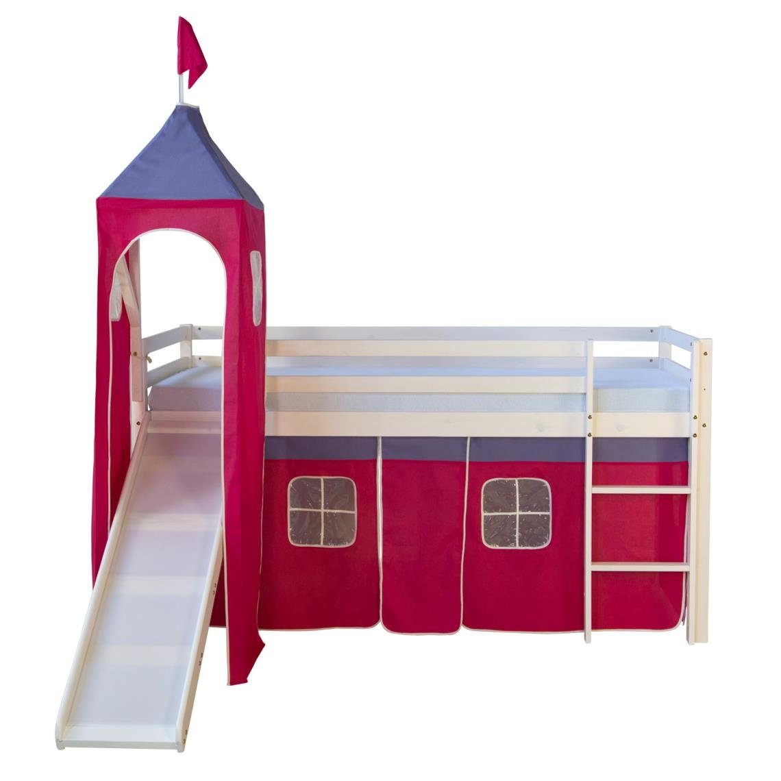 Homestyle4u Hochbett 90x200 cm Kinderbett Weiß mit Vorhang Pink (Set, mit Turm, Rutsche, Spielbett) Kiefer, Jungen Mädchen