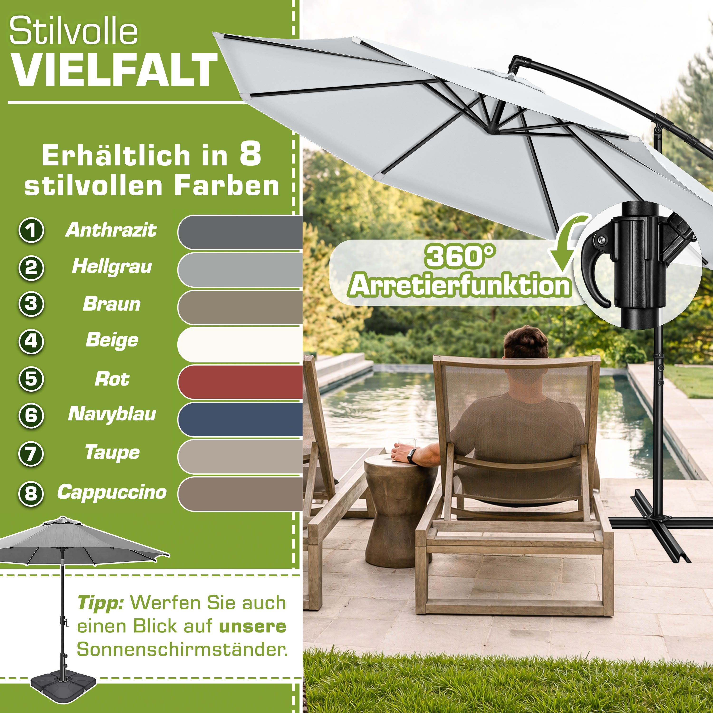 tillvex Sonnenschirm 300-350 cm Kurbel Ampelschirm mit Ständer, Abdeckung & Windsicherung, Gartenschirm UV-Schutz Aluminium – Bild 5 von 5