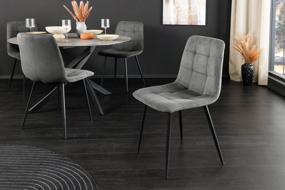 riess-ambiente Esszimmerstuhl TRES CHIC grau / schwarz - Cord, Metallbeine, Retro, gepolstert (Einzelartikel, 1 St), Stuhl mit Ziersteppung - ideal für Küche, Esszimmer, Wohnzimmer & Büro