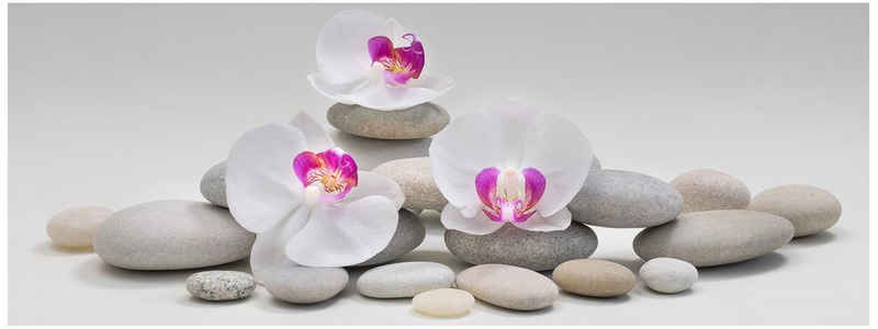 Levandeo® Glasbild, Glasbild 80x30cm Wandbild aus Glas weiße Orchideen Steine
