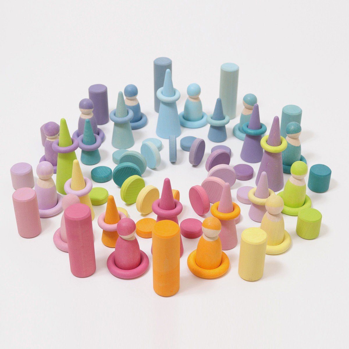GRIMM´S Spiel und Holz Design Regenbogenfreunde Pastell 12 Holzfiguren Holzspielzeug Spielbausteine