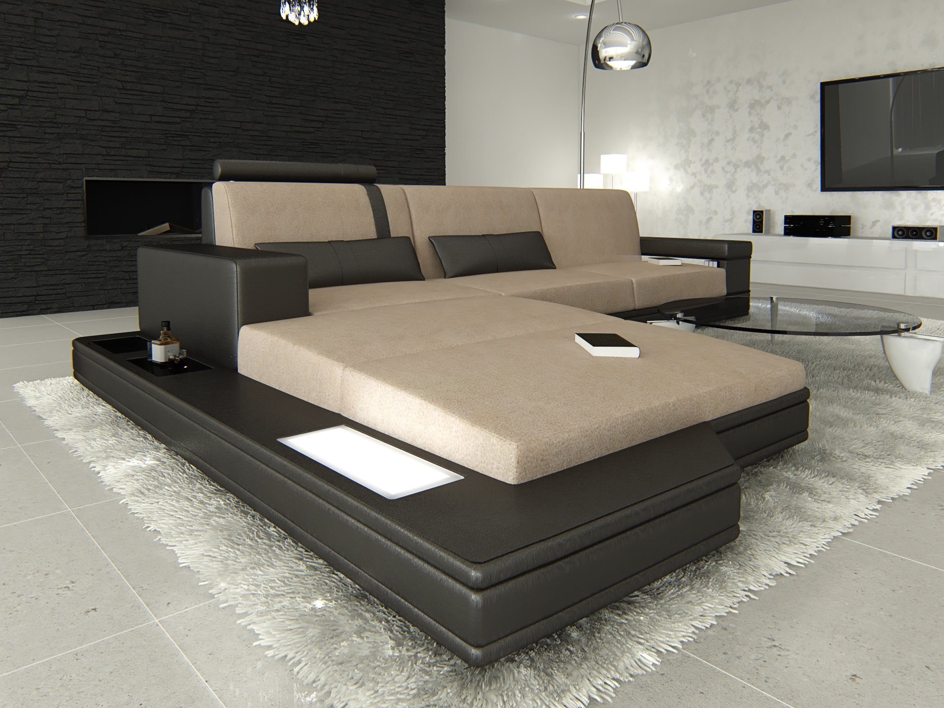 Couch Ecksofa Sofa Dreams mit Stoffsofa, mit Sofa Polster als Schlafsofa, LED, Designersofa C102 Stoff L Cappuccino-Schwarz Form wahlweise Bettfunktion Messana