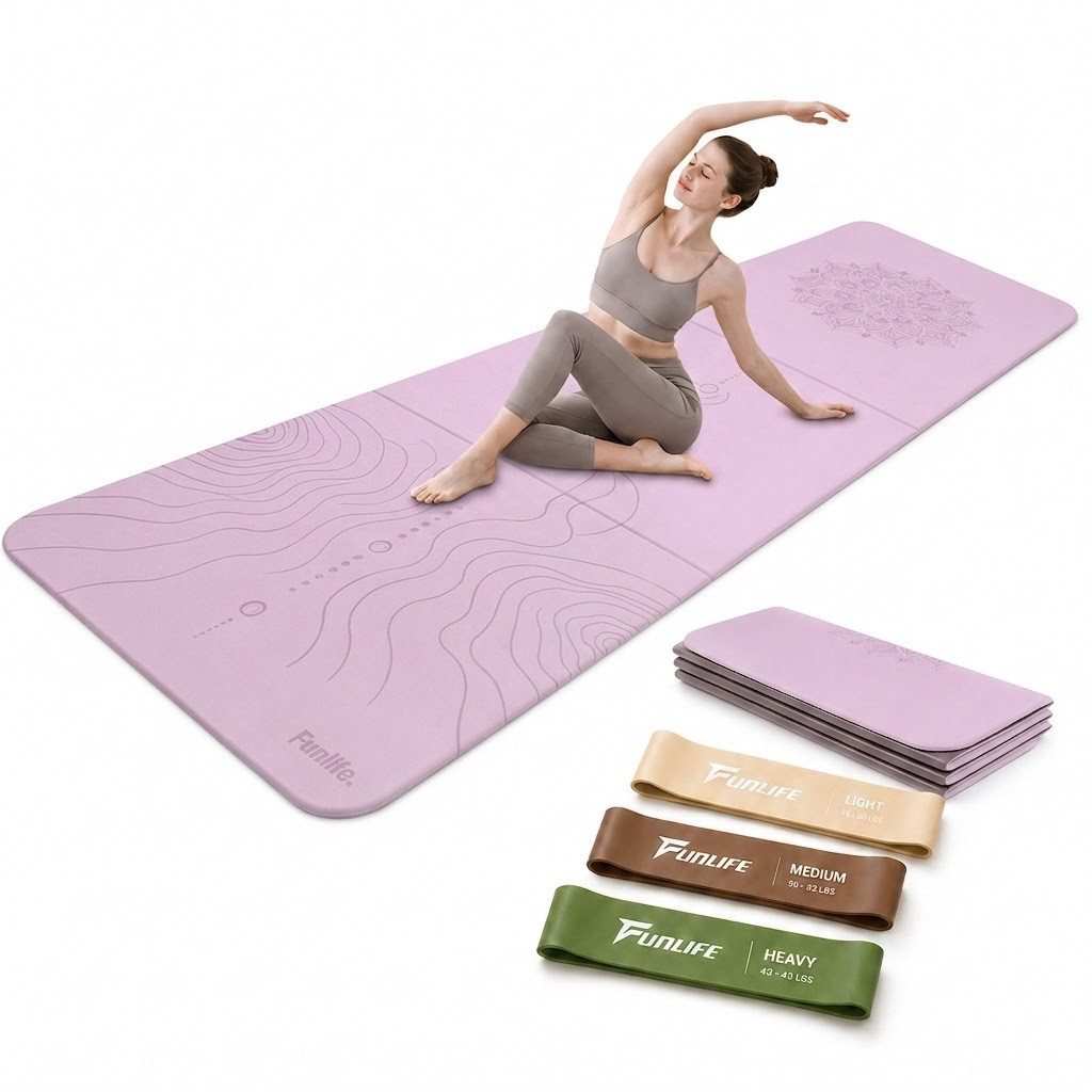 FunLife Yogamatte FOLD Design-Edition (Einzelmatte), 10 mm dick, faltbar, platzsparend, 190 × 66 cm
