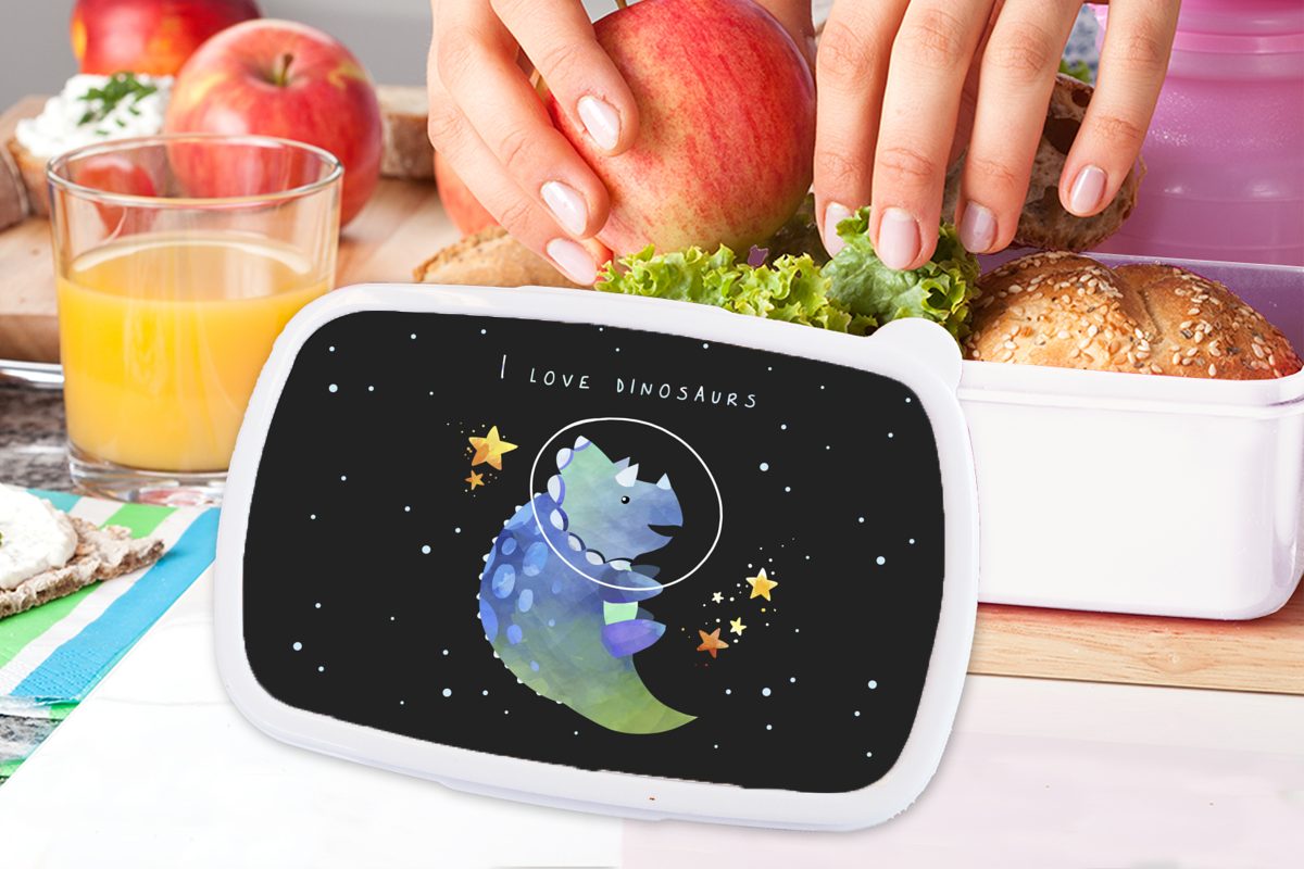 MuchoWow Lunchbox und und 'Ich liebe Sprichwörter Brotbox Erwachsene, Brotdose, - Dinosaurier' Kunststoff, Raumfahrt Zitate (2-tlg), für für Kinder Jungs Jungen weiß - - Mädchen - 