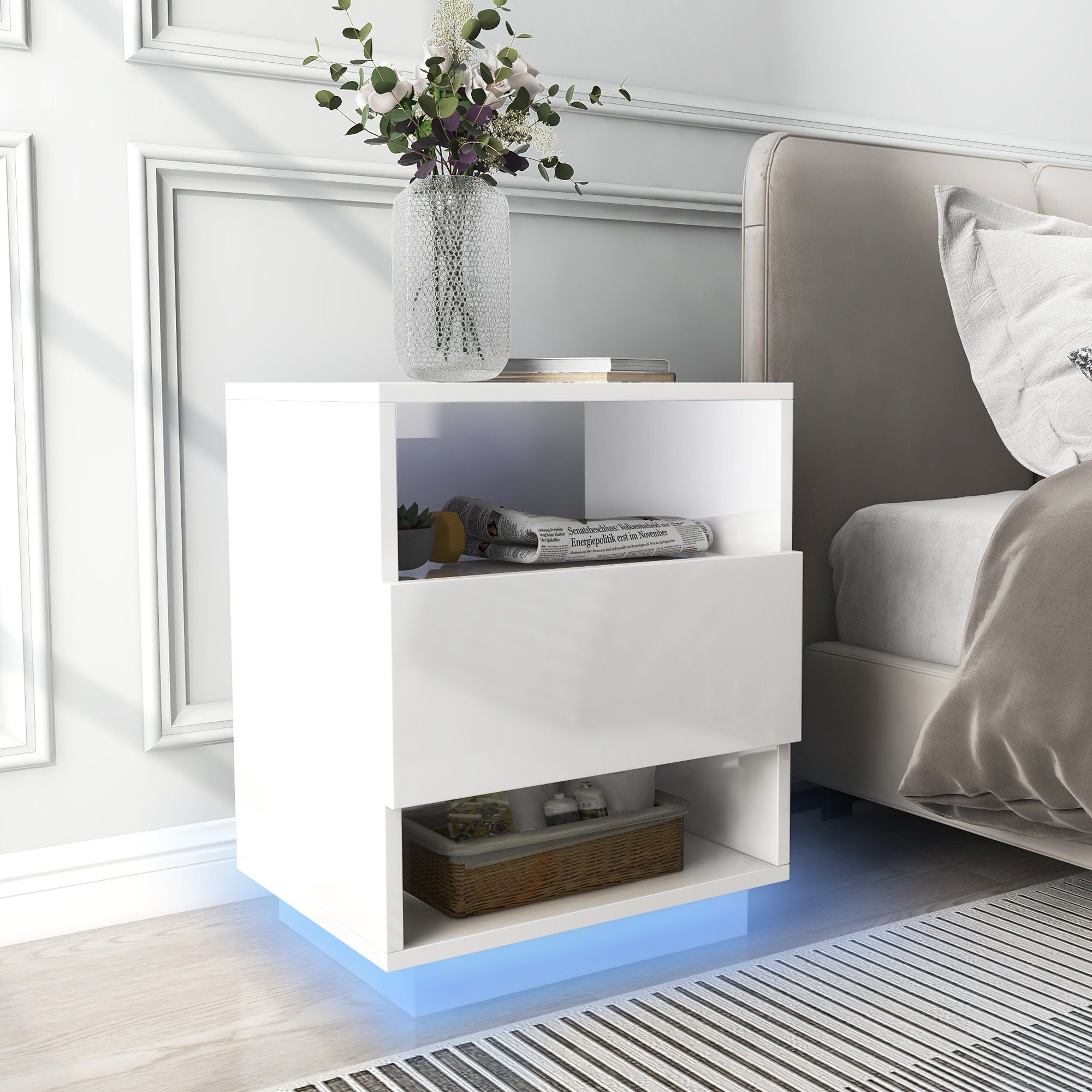 Fangqi Nachttisch Weiß LED Nachttisch mit Eine Schublade Nachtschrank  Beistelltisch für Wohnzimmer Schlafzimmer Badezimmer, UV-Triamin-Platte  (Packung)