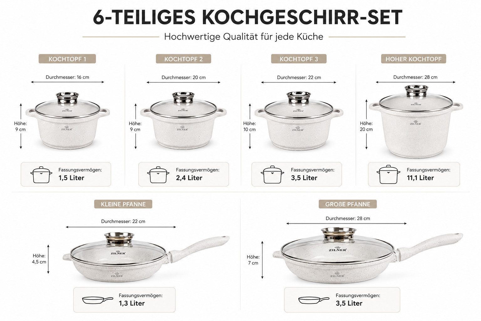 Zilner Topf-Set Elegantes 17-tlg Kochtopfset in Hellbeige mit Küchenzubehör, Premium, Keramik, Aluminium, Edelstahl, Aluminiumguss (Dank seiner hochwertigen Verarbeitung, der umfangreichen Ausstattung und der eleganten Optik ist dieses Kochgeschirr-Set zudem eine ideale Geschenkidee für Hochzeiten, Geburtstage, Weihnachten, Einweihungen oder andere besondere Anlässe., 17-tlg)