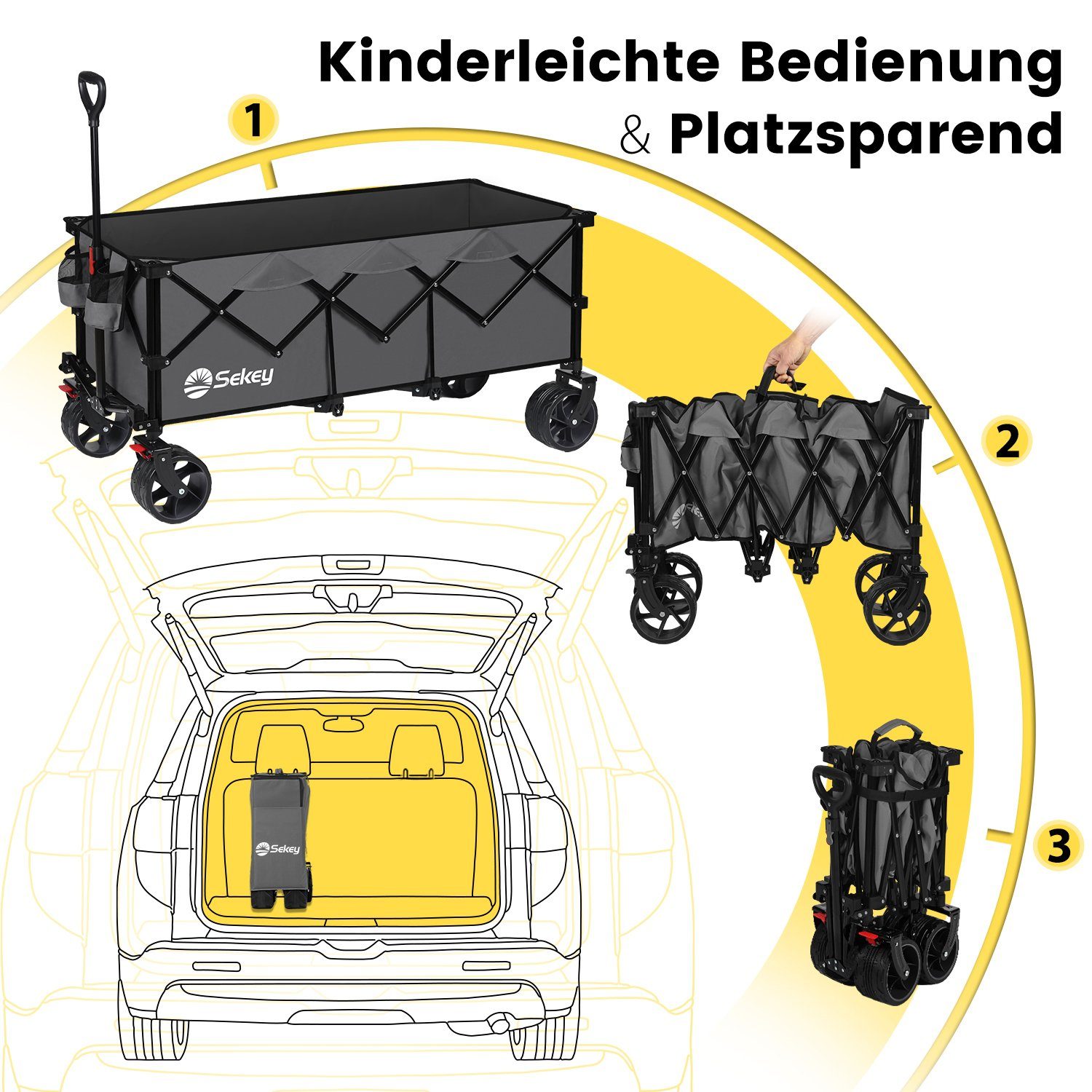 Sekey Bollerwagen Sekey Bollerwagen Superlang Faltgröße, Alle-Gelände Bremsen 150KG, mit Faltbar Reifen, Ultrakompakte 4013, XXXL 300L Grau