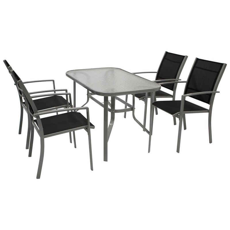 DEGAMO Garten-Essgruppe PINO, (5-tlg), Gestell Metall grau, Sitz- und Rückenteile Textilgewebe schwarz