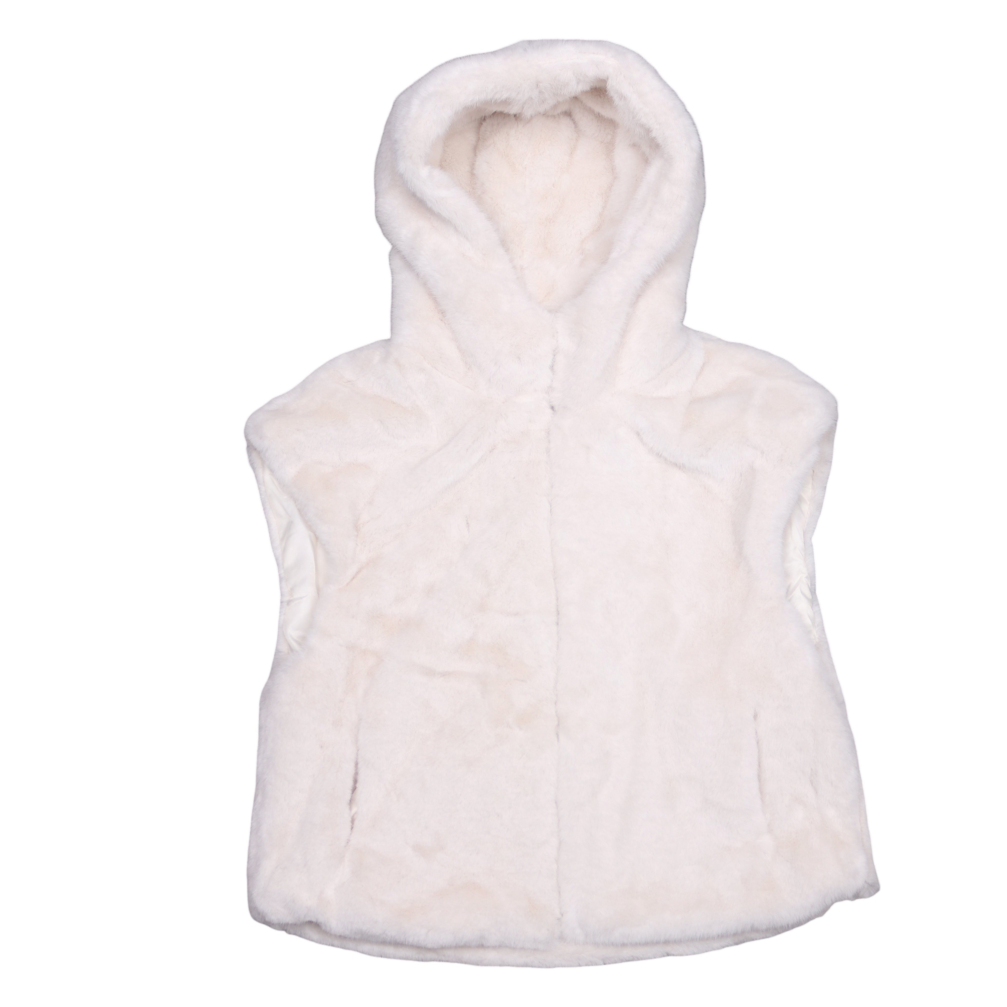 MIRROSI Plüschweste Damen Weste mit Kapuze, Teddy Kunstfell Optik, OneSize 38 40 42 weich & warm – 2 Seitentaschen
