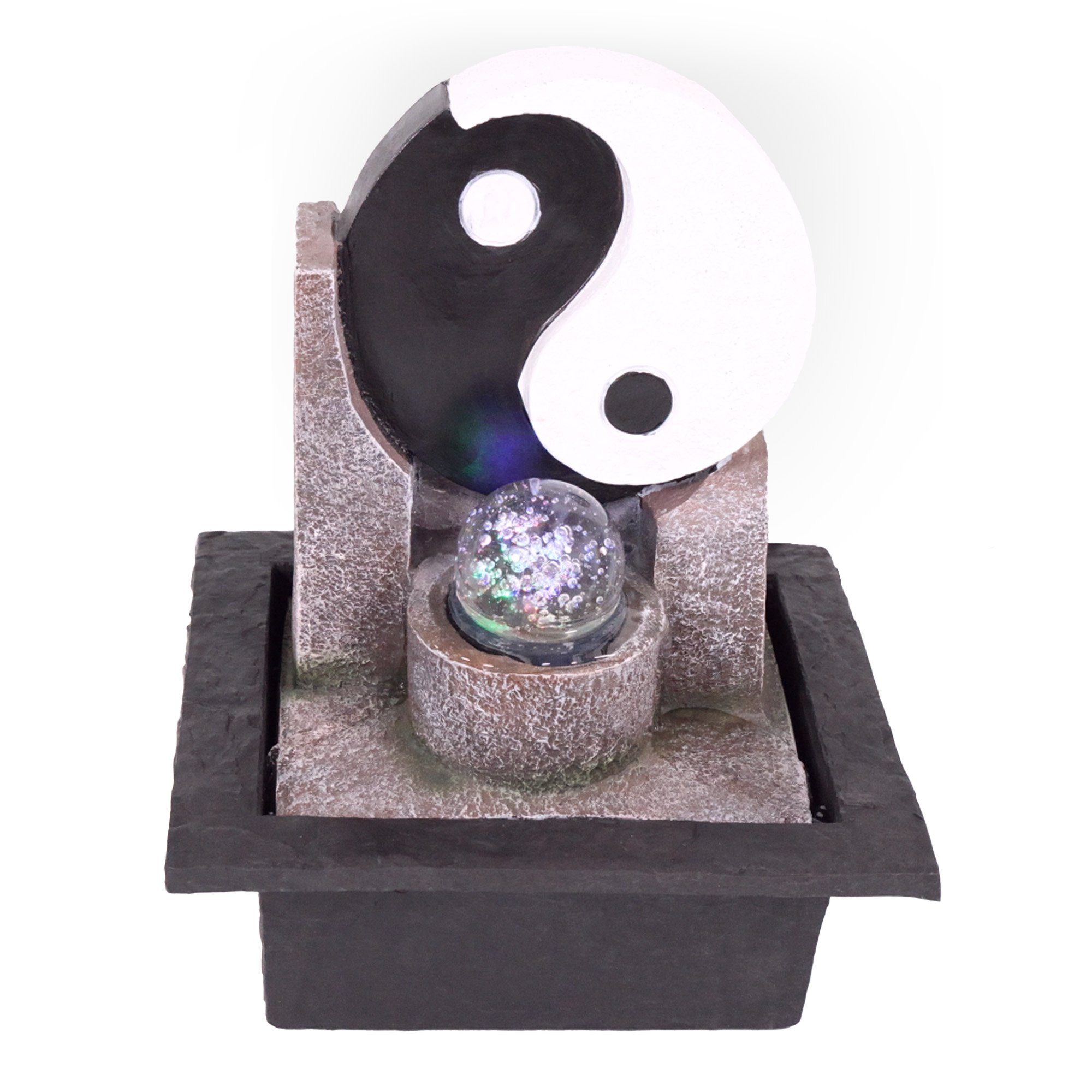 NATIV Zimmerbrunnen Motiv-Tischbrunnen mit Pumpe und Beleuchtung, LED-Beleuchtung Yin Yang