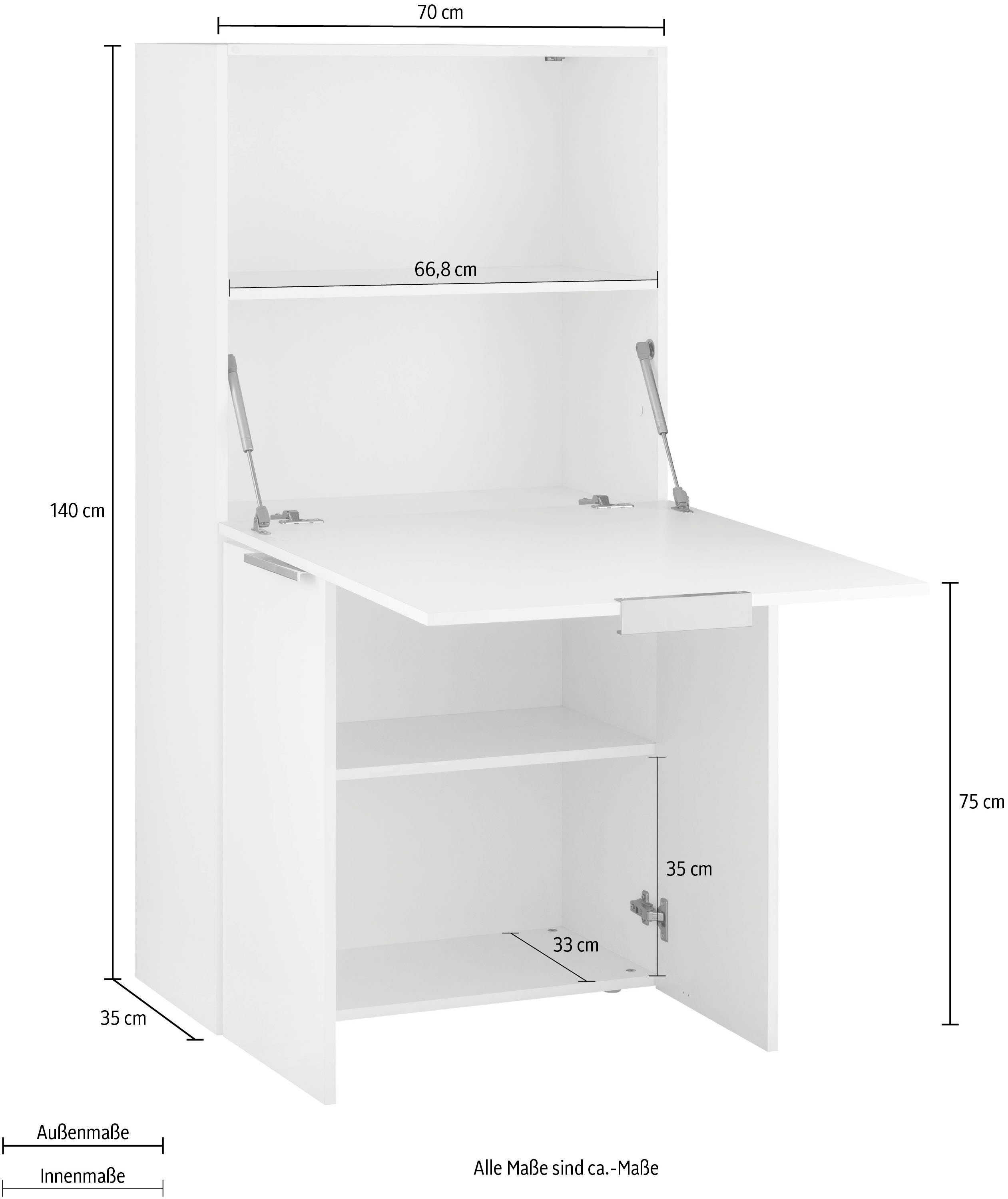 Dalia, PC-Schrank Tecnos Schreibtisch, Italy Hochglanz cm, Made im 70 Sekretär modernen in Breite Design, weiß