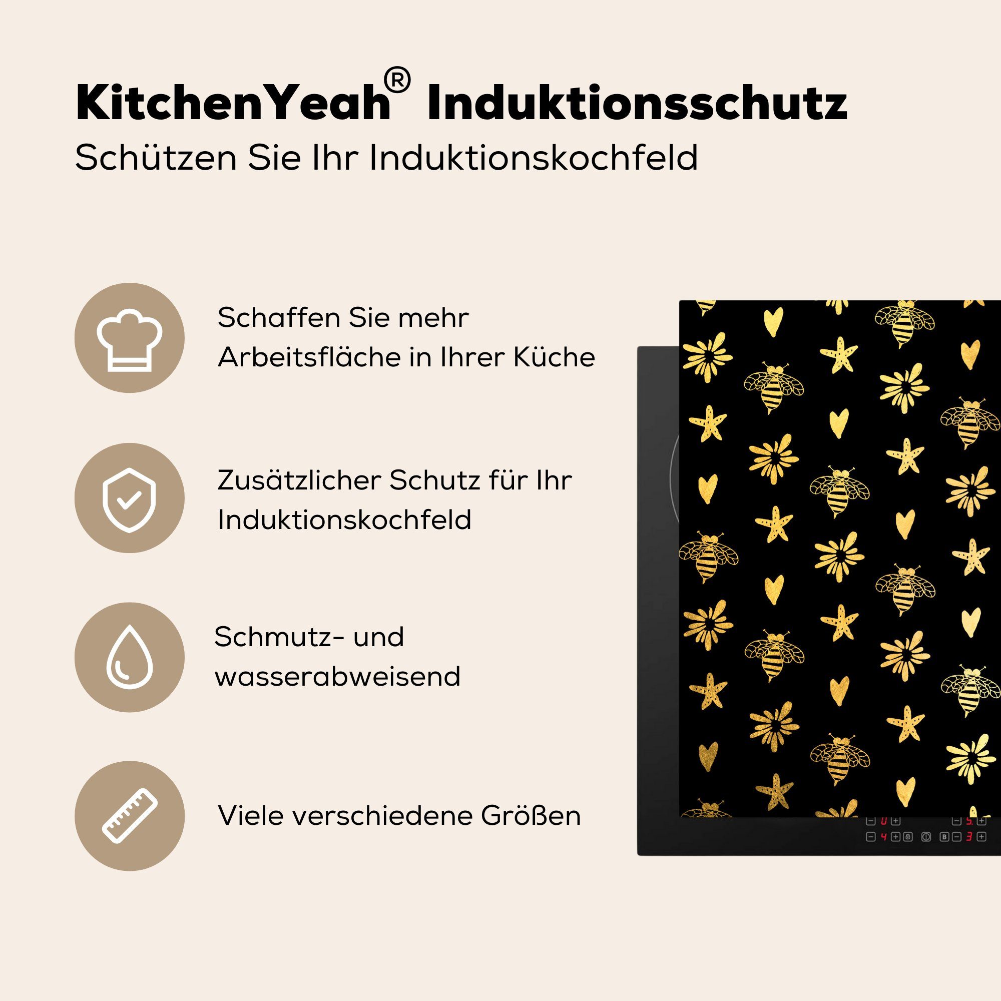Herdblende-/Abdeckplatte - - 78x78 Vinyl, Gold küche tlg), Biene cm, Arbeitsplatte für MuchoWow Ceranfeldabdeckung, (1 Muster,