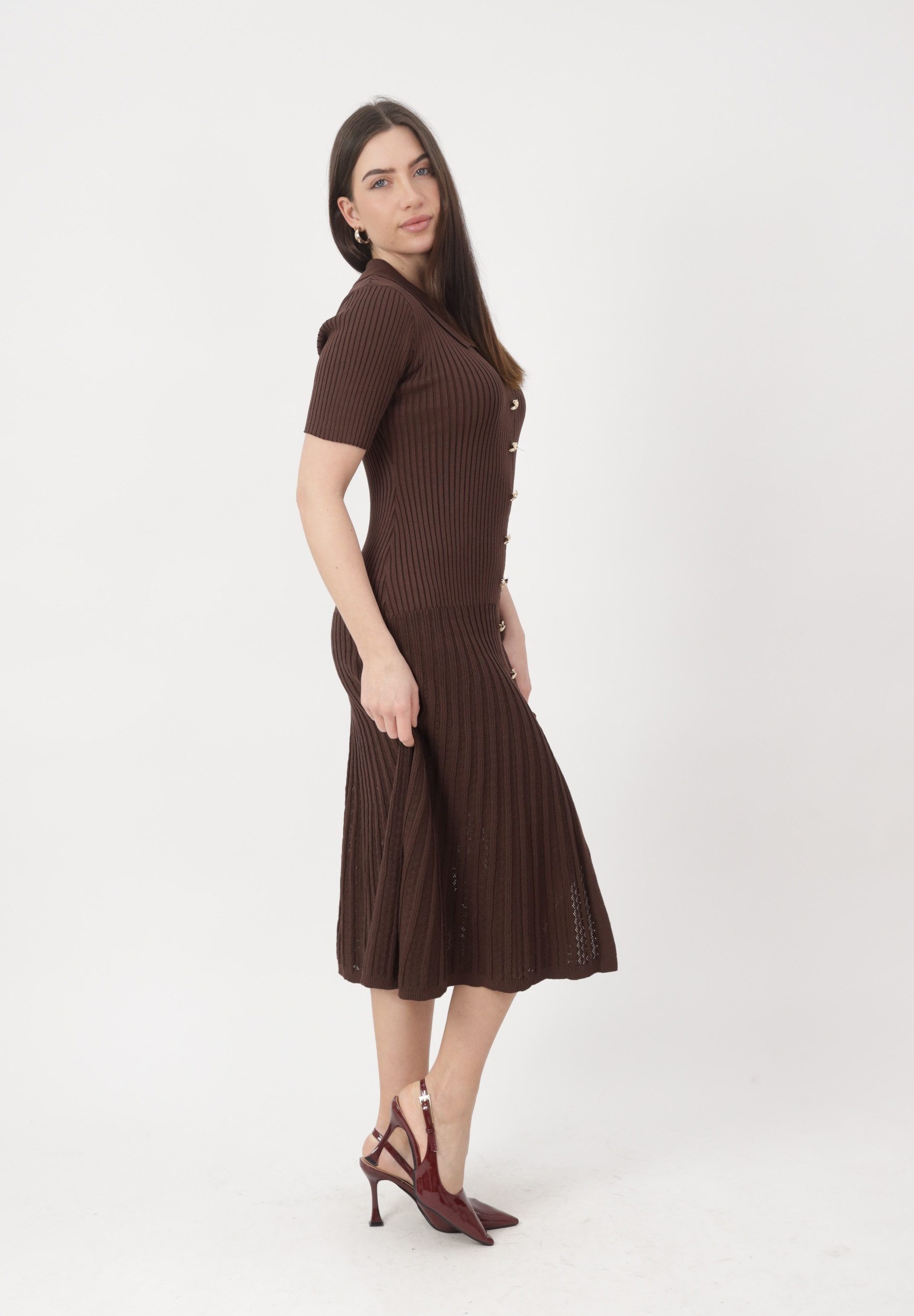 Elara Midikleid Midi Strickkleid Damen mit Polokragen & eleganter Knopfleiste