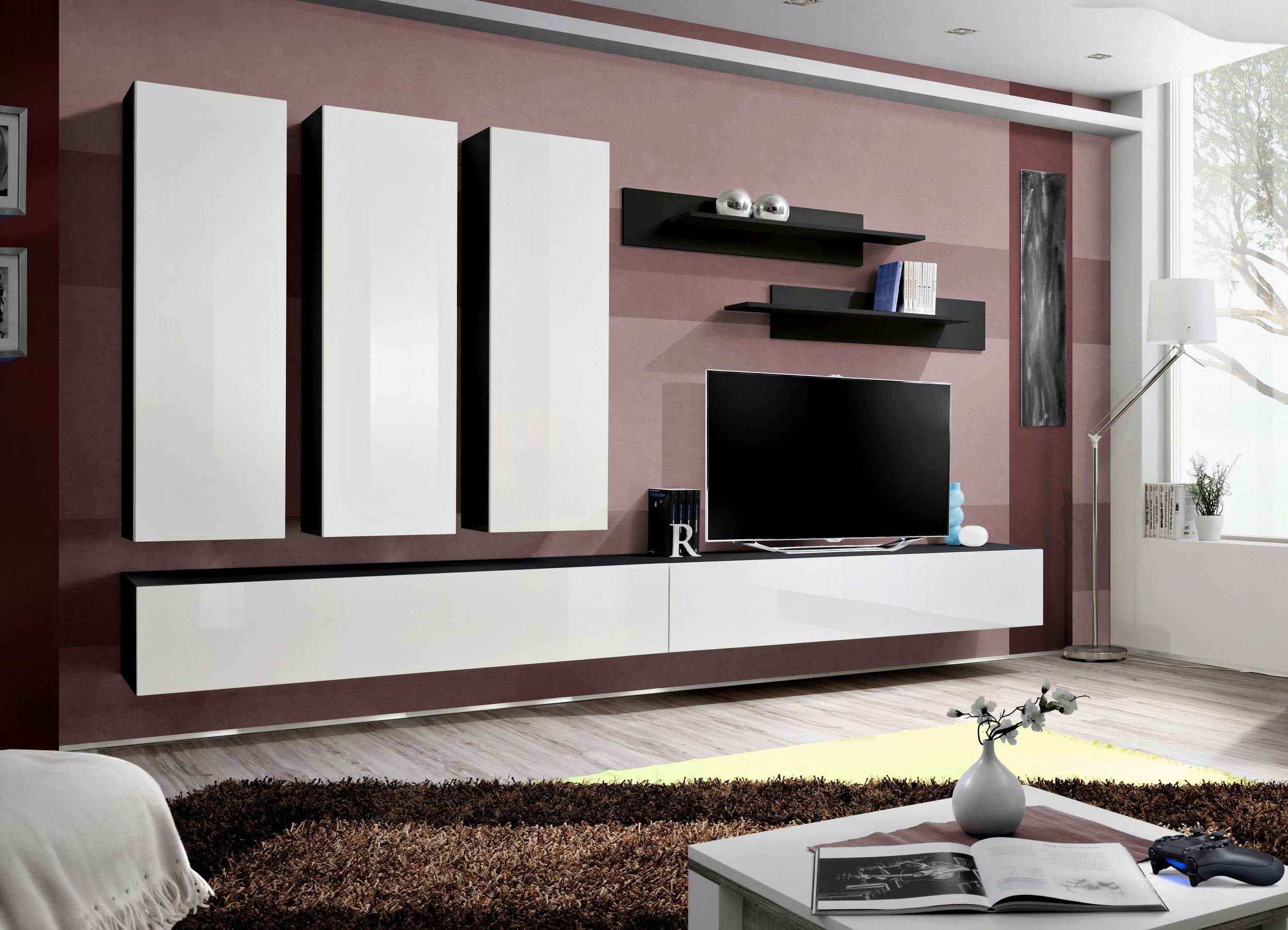 Stylefy Wohnwand FLI E I 170x320x40 cm, (Wohnmöbel, Wohnzimmer-Set, Set (7-St), bestehend aus 3xHängeschrank, 2xLowboard, 2xWandboard, mit Push-to-Open, variabel hängbar, Hochglanzfronten, Modern Schwarz Matt / Weiß Hochglanz