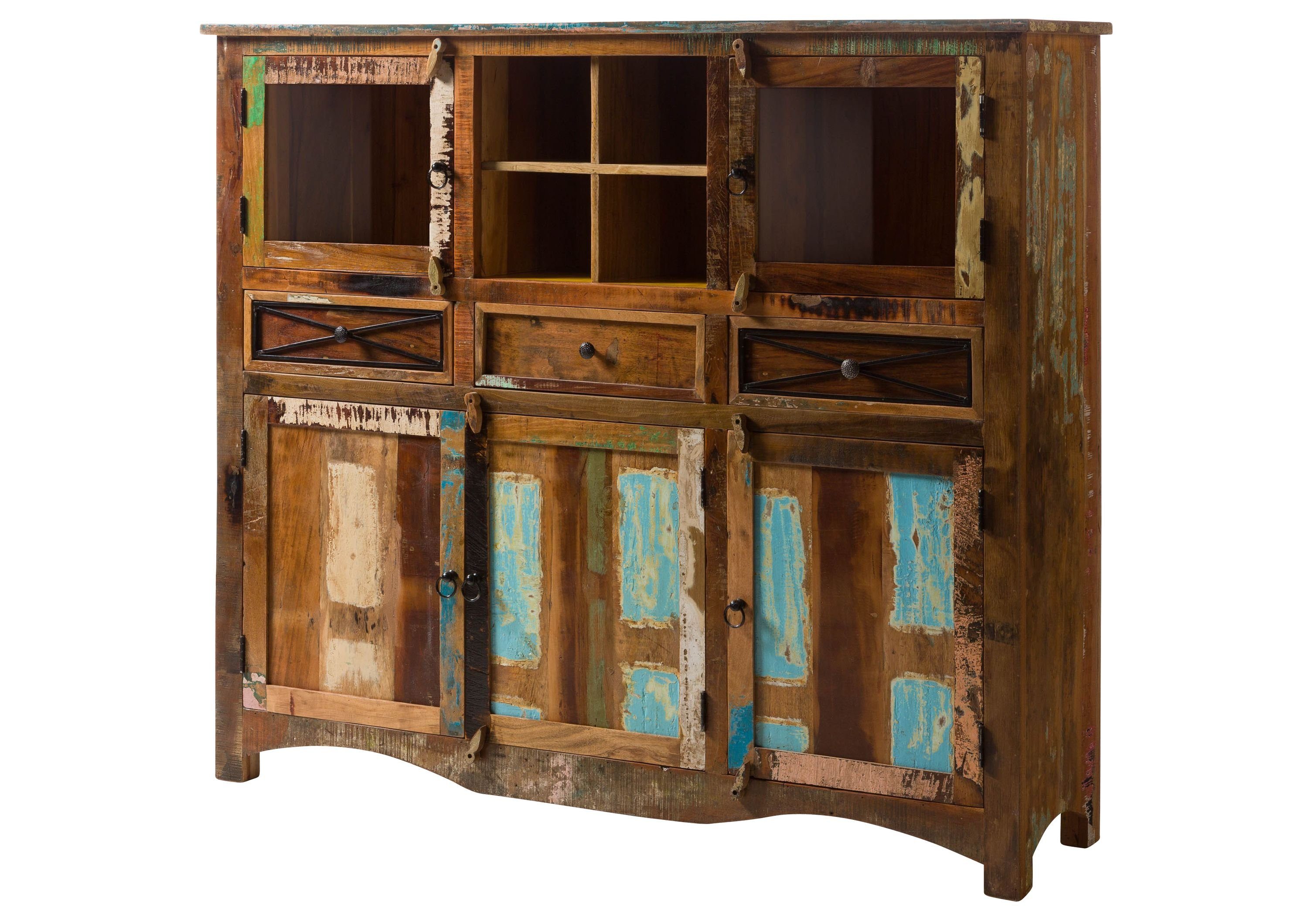 Massivmoebel24 Highboard (Altholz 160x40x140 mehrfarbig lackiert NATURE OF SPIRIT #139), Altholz 160x40x140 mehrfarbig lackiert NATURE OF SPIRIT #139