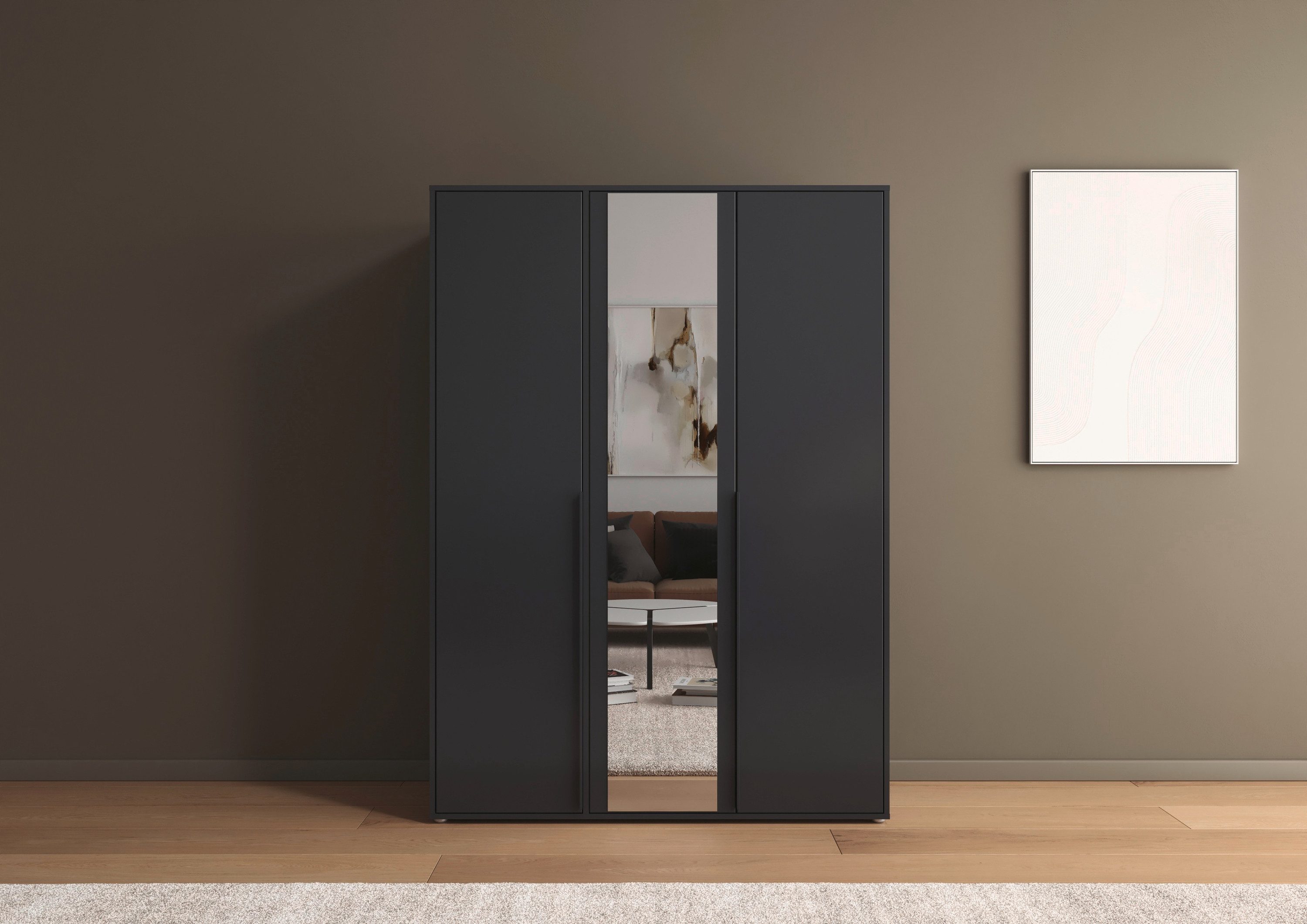 rauch Drehtürenschrank Kleiderschrank Schrank Garderobe Wäscheschrank NAGATA mit Spiegel (in 3 verschiedenen Ausstattungen BASIC/CLASSIC/PREMIUM) und modernen Stangengriffen in Graumetallic TOPSELLER MADE IN GERMANY