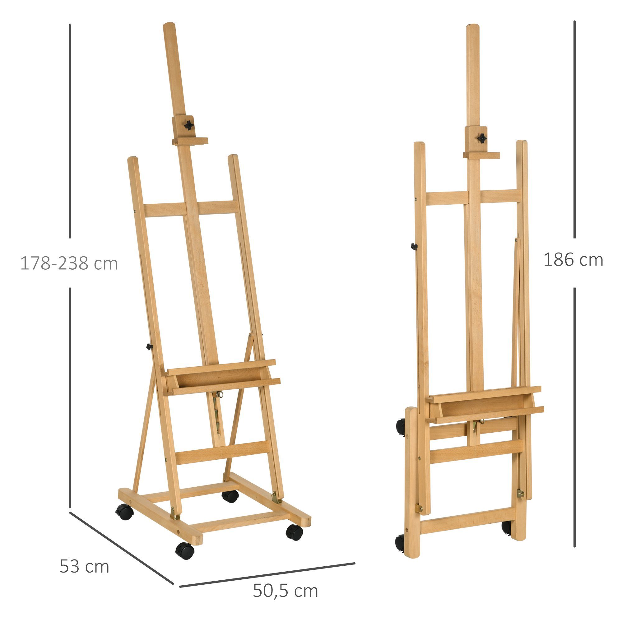 Vinsetto Staffelei Höhenverstellbarer Leinwand Ständer mit Halterung für Kunstmalerei, Naturholz 50,5 x 53 x 178-238 cm