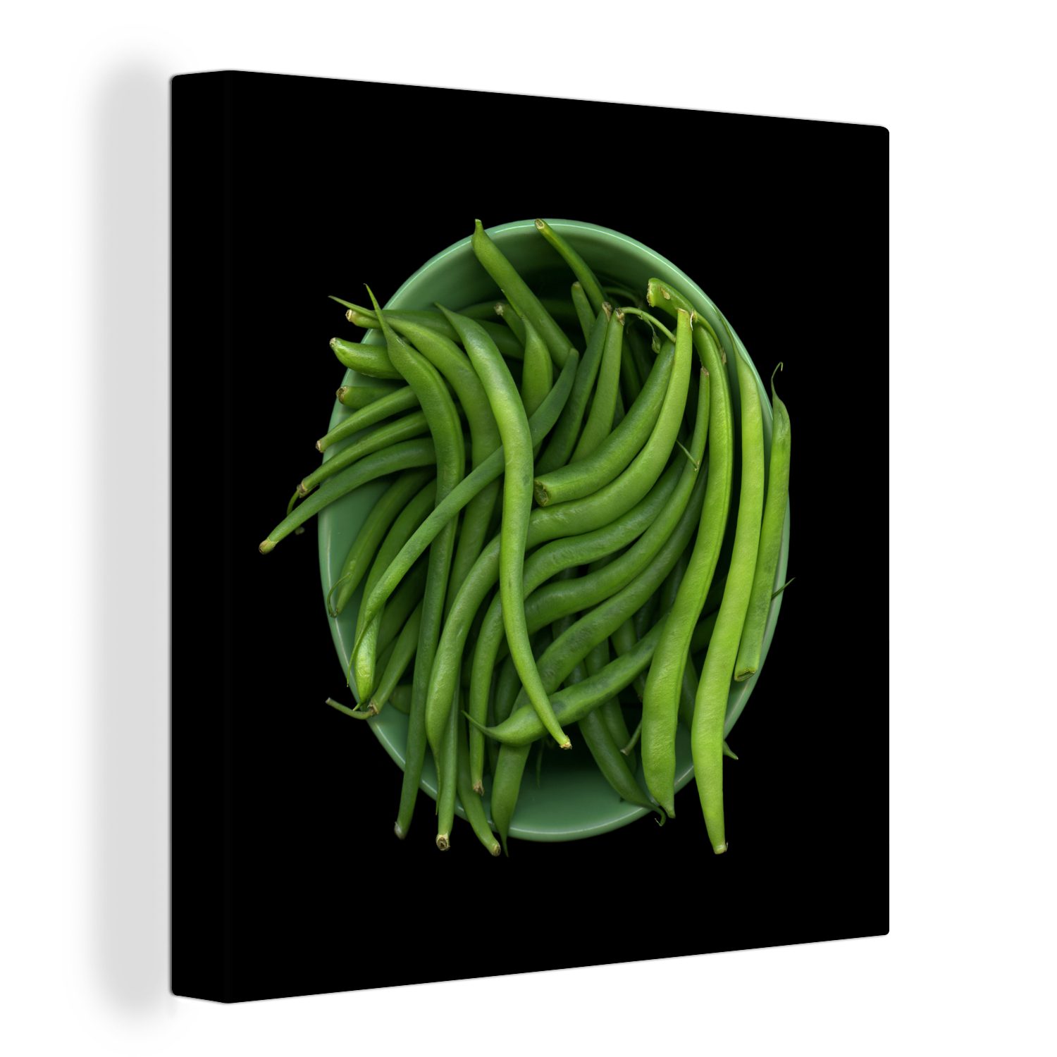 OneMillionCanvasses® Leinwandbild Schüssel mit rohen grünen Bohnen vor einem schwarzen Hintergrund, (1 St), Leinwand Bilder für Wohnzimmer Schlafzimmer