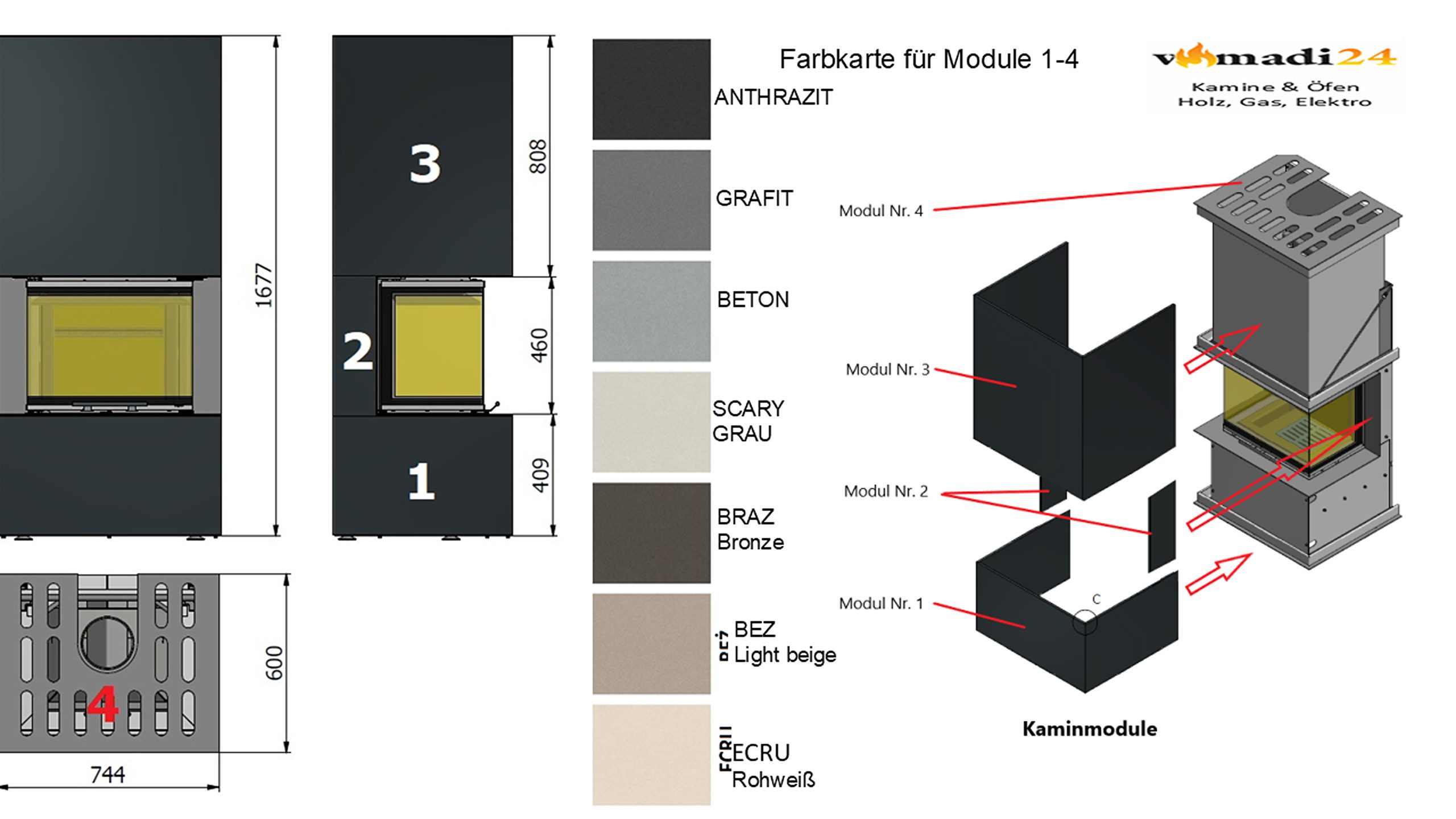 Hajduk Комплекты камина BRILLIANT Keramik grau mit Kamineinsatz SMART 3XLTh 6,5 kW, 6,5 kW