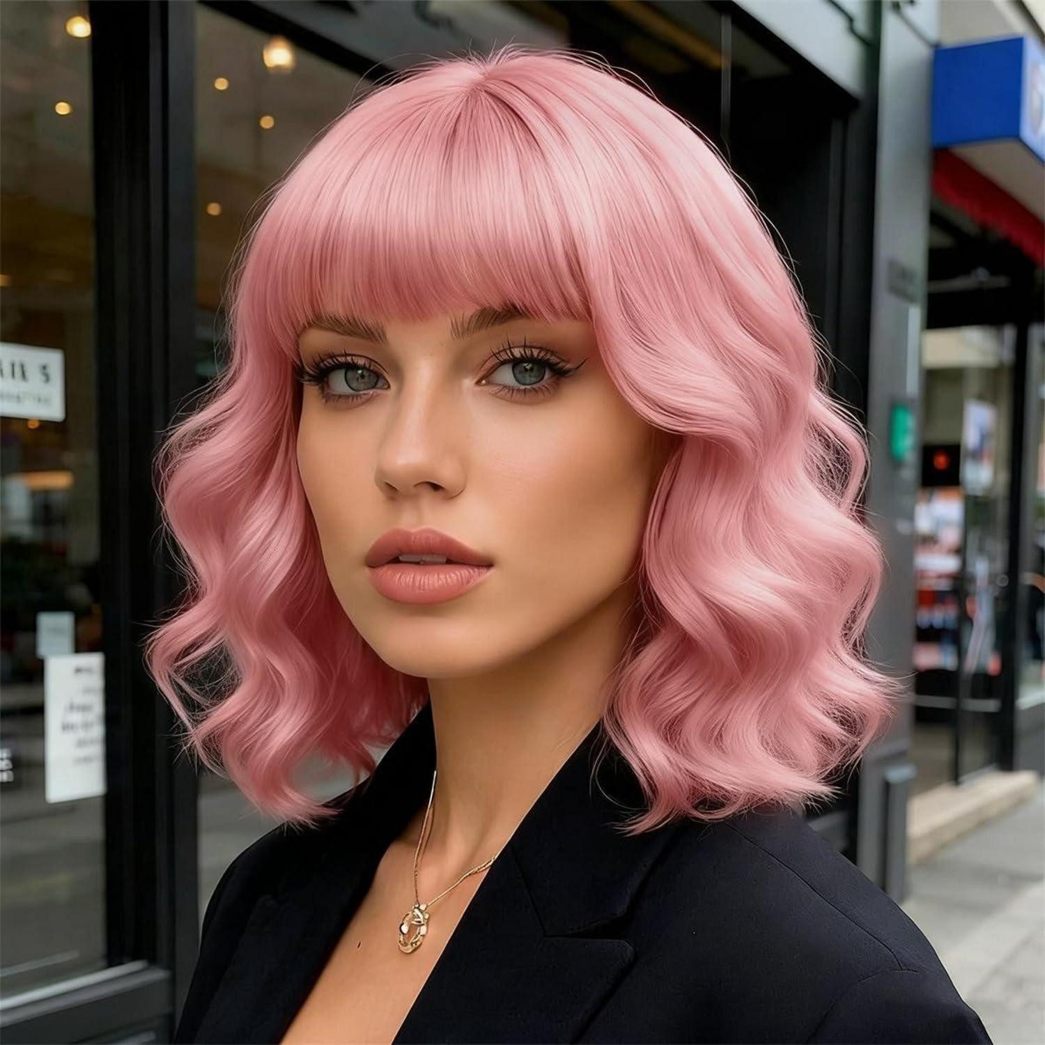 LuxusKollektion Kostüm-Perücke Perücke Damen Bob Kurz Pony Rosa Cosplay Karneval Halloween F5# Rosa