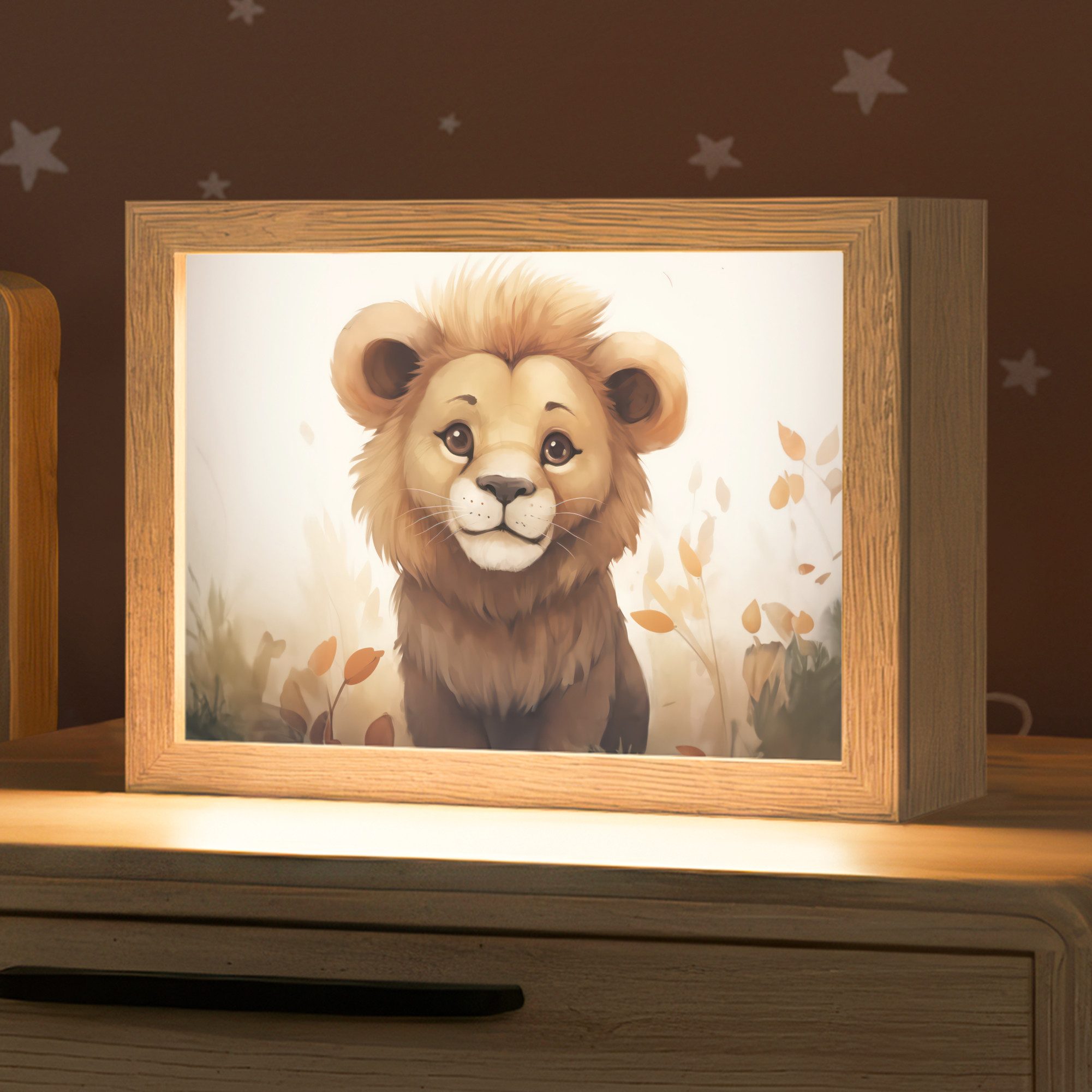 OnlyWow Nachttischlampe Lightbox Löwe - Tiere - Kinder - Braun - Mädchen, Dimmbar, Farbwechsel, LED, Warmweiß, Kaltweiß, Neutralweiß Einstellbar, Nachtlicht, Kinder- und Babyzimmer, Dimmbar, mit Kabel, Tischleuchte