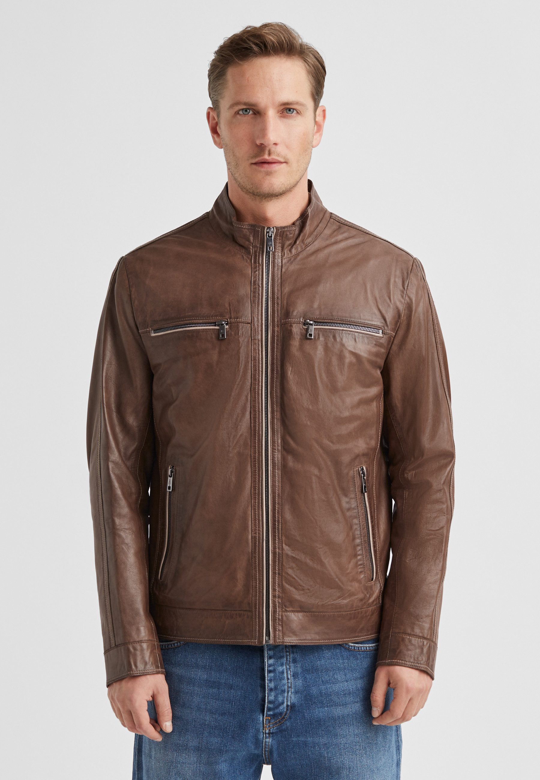 Lederjacke MSEthan Herren Bikerjacke Jacke Leder klassisch