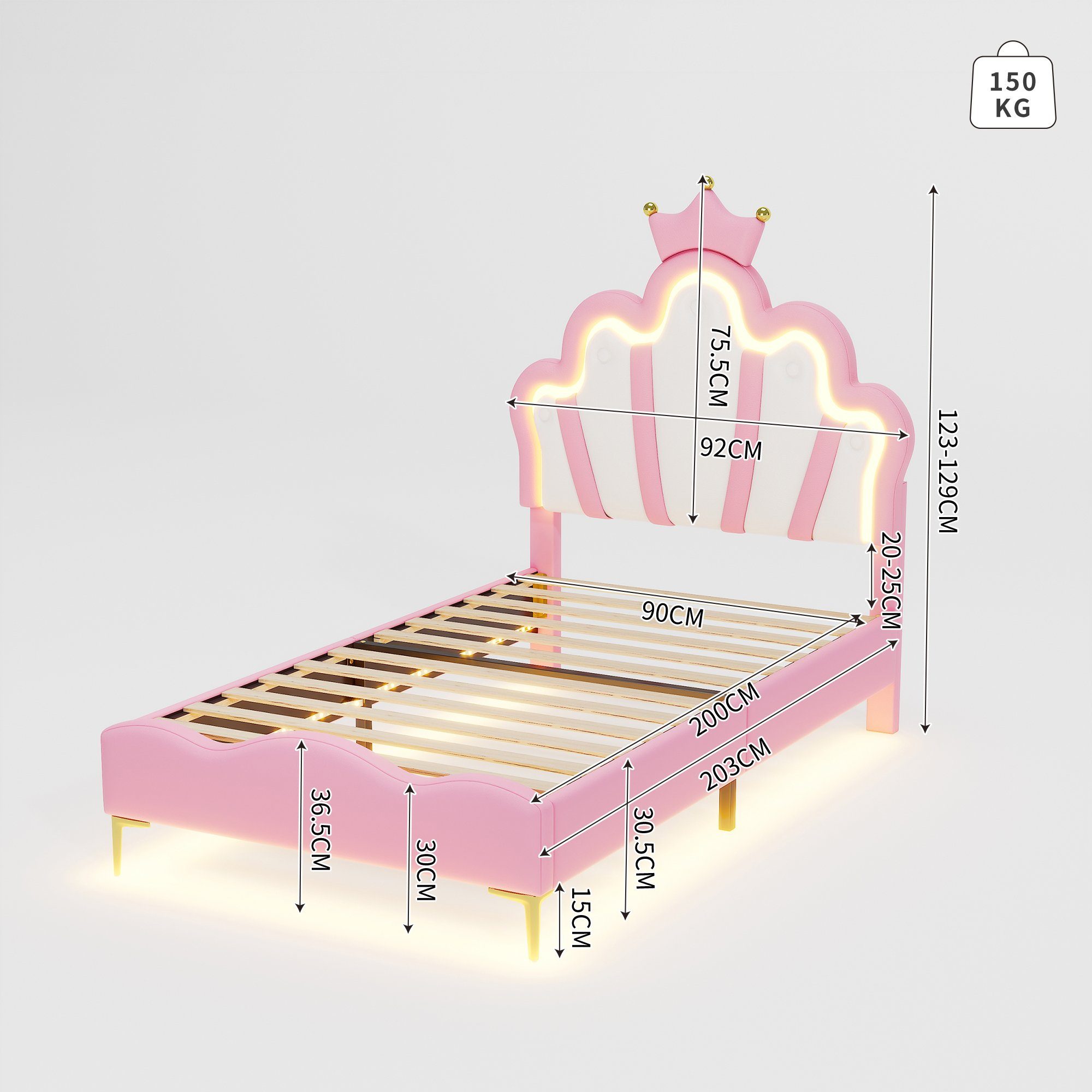 Flieks Polsterbett, LED Kinderbett Einzelbett mit krone-Form Prinzessinnenbett 90x200cm