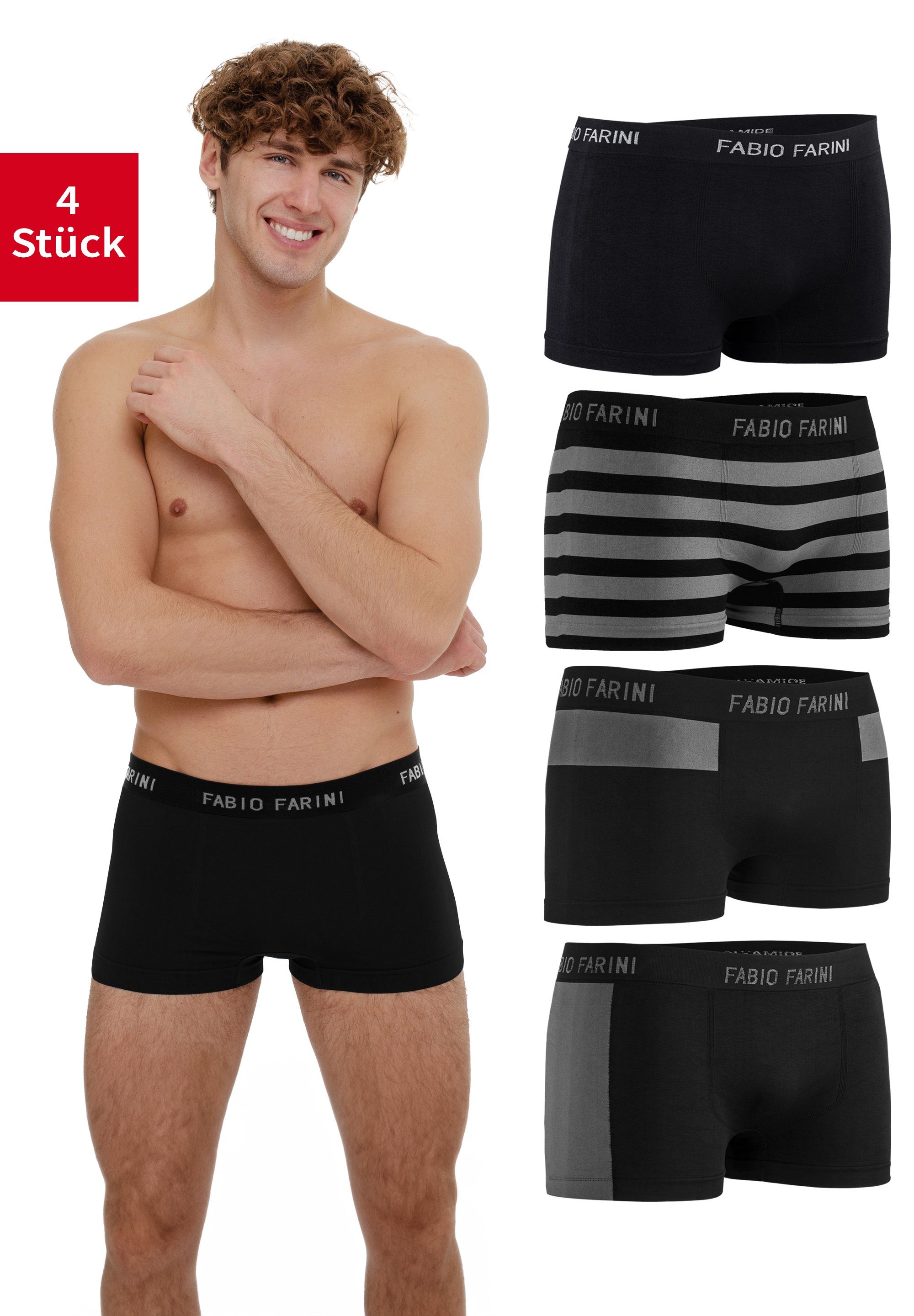 aus im Set 34 Unterhosen - Männer Look Boxershorts Herren (4-St) sportlichen weicher Microfaser Retroshorts mit Fabio Farini Logoschriftzug