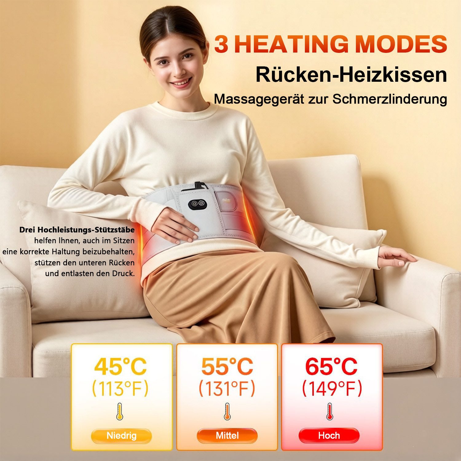 ALLJOY Massagegerät 170CM Massagegerät Rücken Heizkissen Kabellos Wärmegürtel 10000mAh, Lindert Rücken-und Lendenschmerzen,Muskelverspannungen,Regelschmerzen, 3 Stufen Massage & Wärmestufen, USB-Heizkissen mit Rückenunterstützung