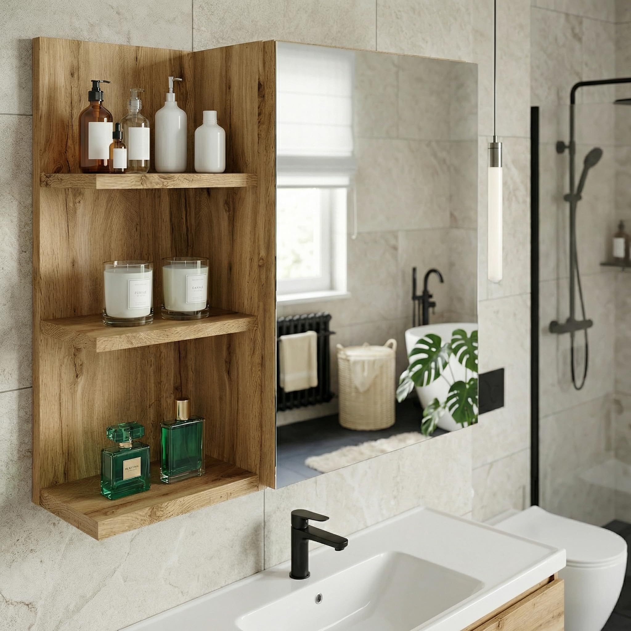 TREND WERK Spiegelschrank Badezimmer mit Ablage & Stauraum (59×16×50 cm Hängender Badezimmerschrank zur Wandmontage mit Regal) – modern & pflegeleicht – Bild 5 von 5