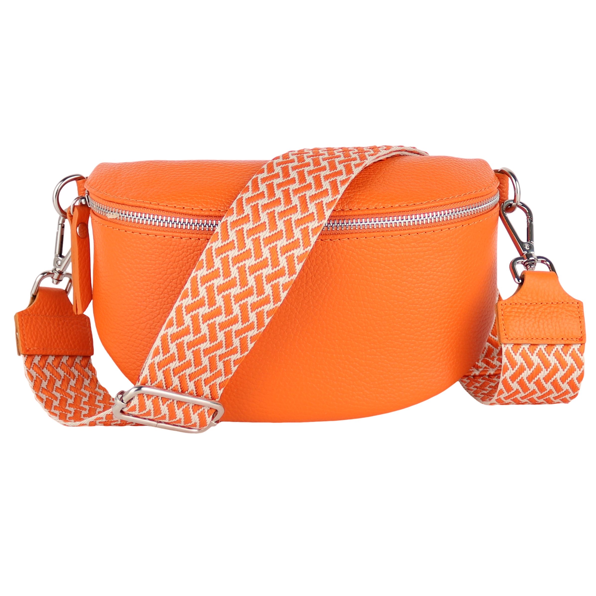 MIRROSI Bauchtasche Damen, Echtleder, Made in Italy, Umhängetasche, Brusttasche, (Schultertasche für jeden Anlass (1 Tasche & 2 Gurte), Crossbody Bag, Orange, gemusterten& verstellbaren Schulterriemen