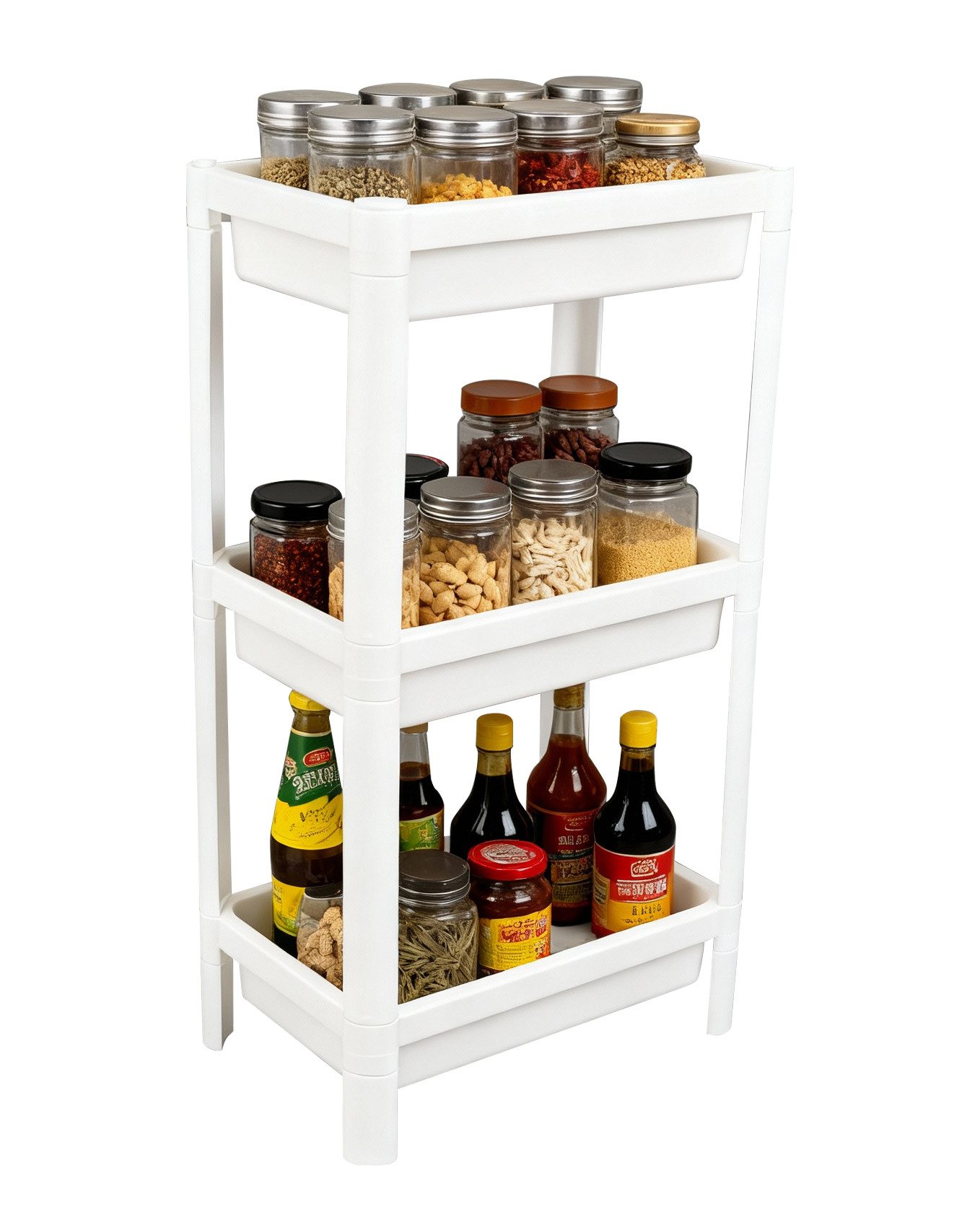 Ribelli Servierwagen Rollwagen 3 Ebenen, Küchenwagen schmal, Küchenregal mit 8 Haken, Servierwagen Kunststoff für Bad, Küche, Büro, Weiß/Schwarz