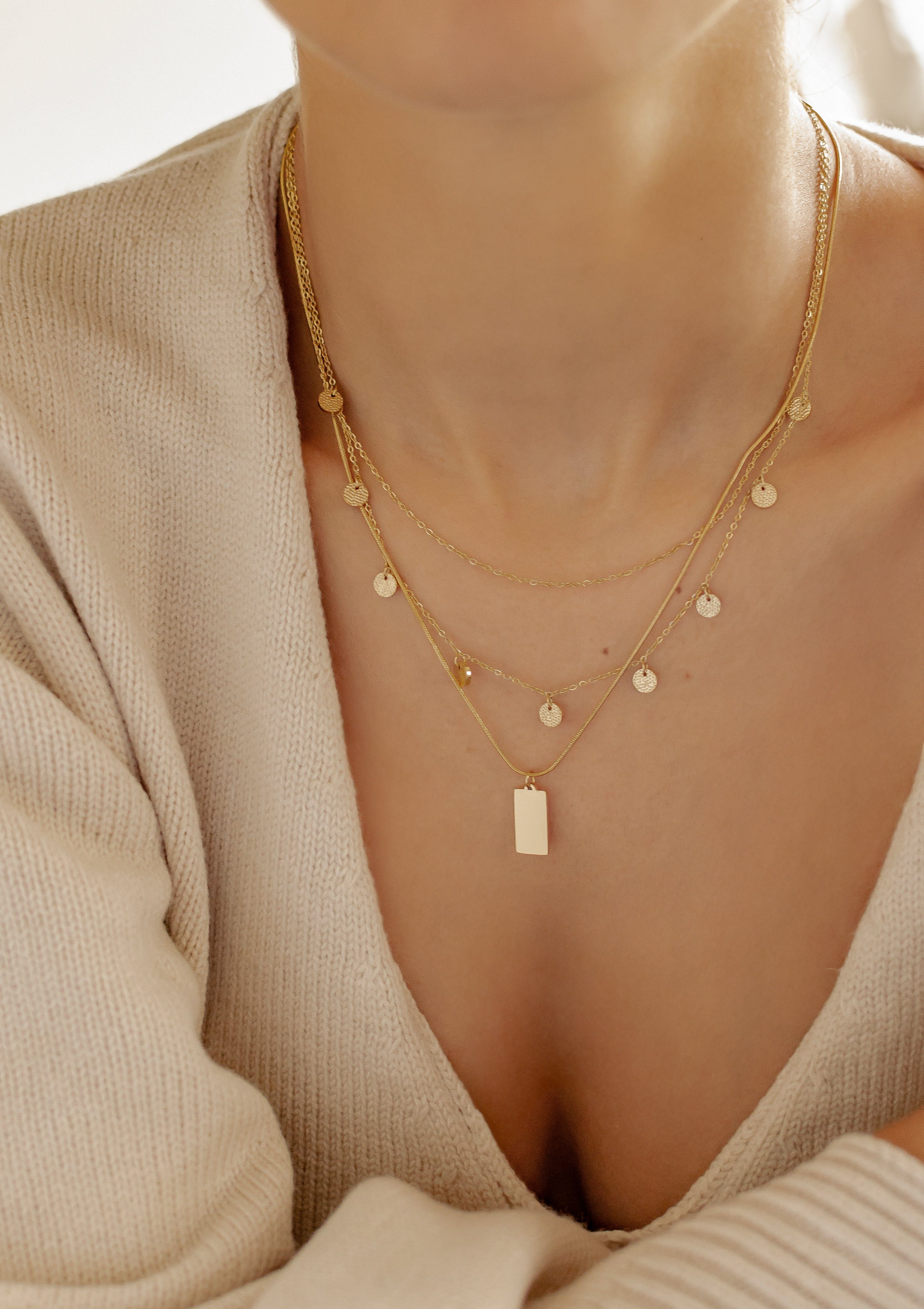 Hey Happiness Charm-Ketten-Set 2er Damen Layer mehrreihig, 18K Roségold Vergoldet, Kette Plättchen hängend, Halskette Schlange, Damenset wasserfest