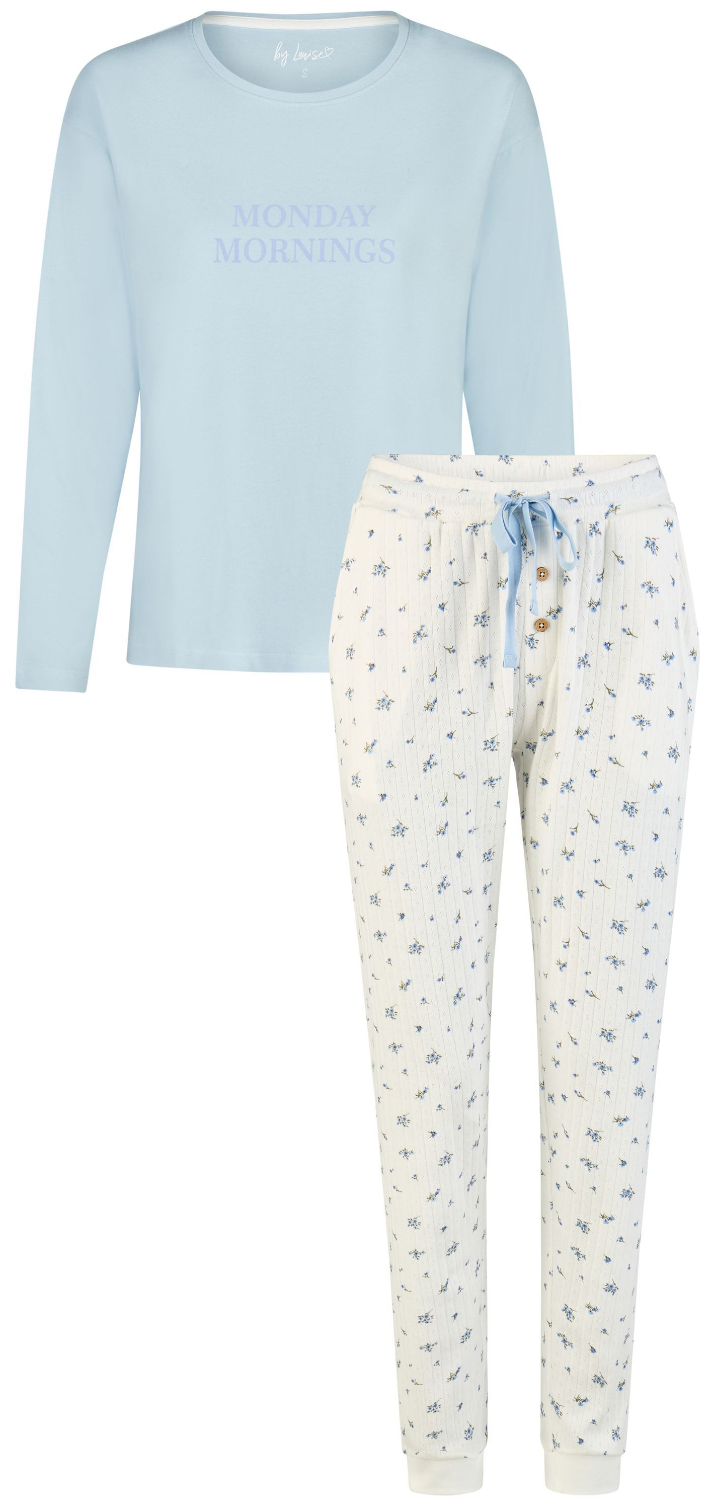 By Louise Schlafanzug Sleep Chic (Set, 2 tlg., 2-teilig) Damen Pyjama lang Langarm Baumwolle Ajourée-Muster